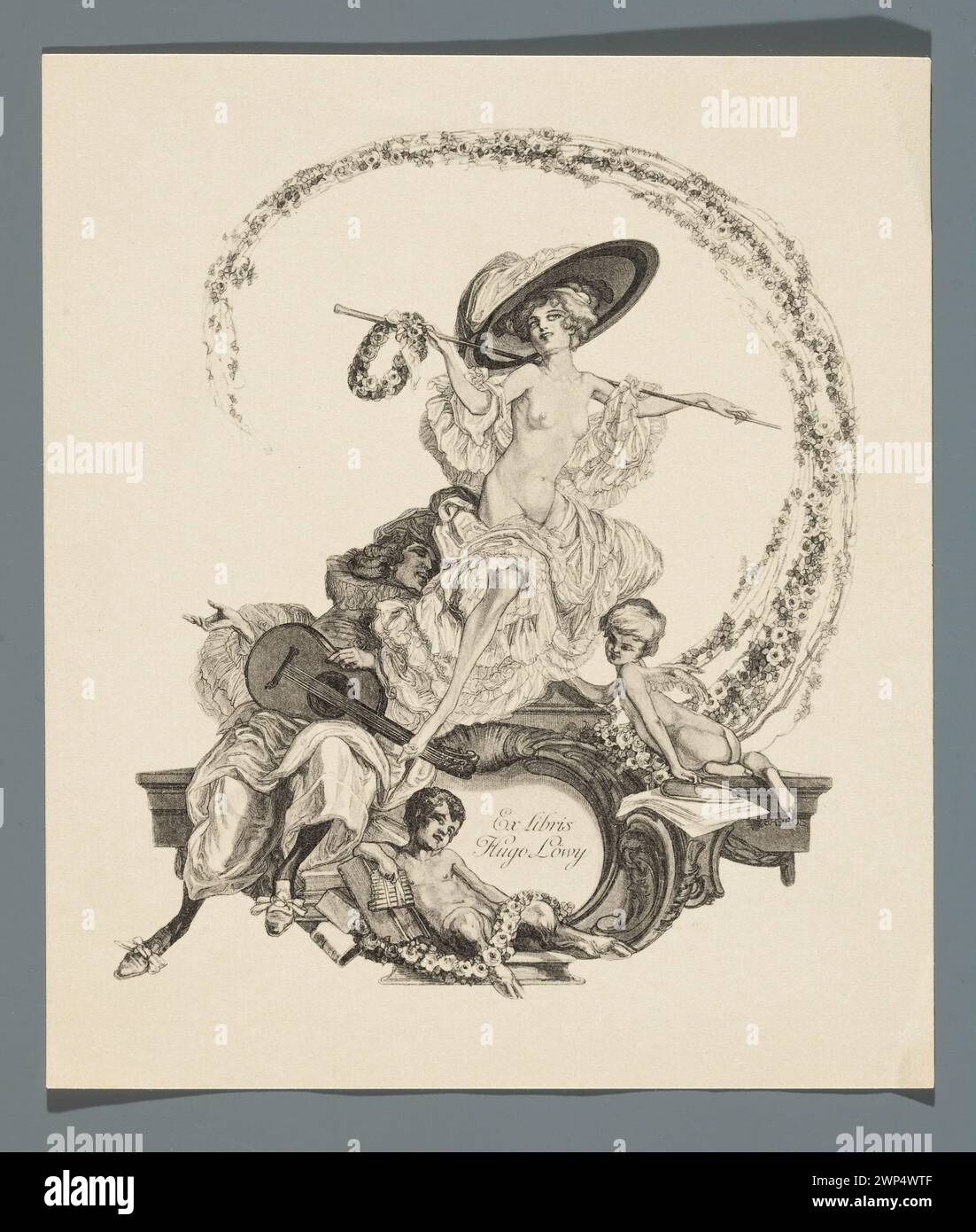 Ex-Libris für Hugo Löwy von Franz von Bayros um 1912–1914, mit Gitarren, Mandolinen, Blumen, Frauenfiguren, Tänzer und dekorative Girlanden im österreichischen Stil der Moderne. Stockfoto