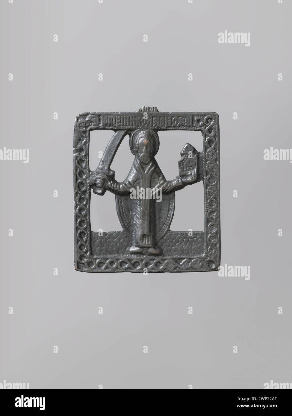 Eine orthodoxe Ikone aus dem 18. Jahrhundert, die W. Miko Aja darstellt, wurde in einer unbekannten Werkstatt geschaffen und zeigt religiöse Bilder und traditionellen ikonografischen Stil. Stockfoto