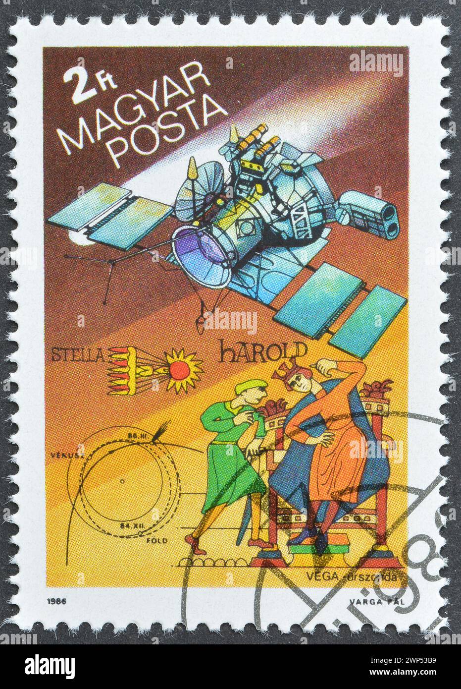 Gestempelte Briefmarke, gedruckt von Ungarn, auf der die UdSSR Vega und Bayeaux Details, Halley's Comet, um 1986 zeigen. Stockfoto