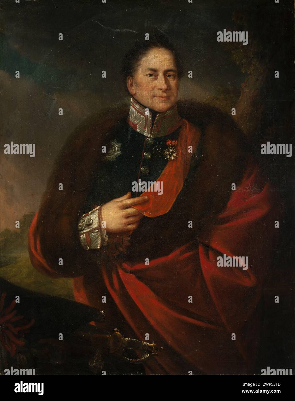 Porträt von General Stanis Awa Aleksandra Ma Achowski (1770 - 1849); CA. 1825 (1825-00-00-1830-00); Małachowski, Stanisław (1736-1809), Małachowski, Stanisław (1736-1809)-Ikonographie, Ehrenorden Legia, Orden Virtuti Militari, Orden der Heiligen Stanisława, Generäle, gewöhnliche Sterne, untergeordnetes Eigentum, Białaczew, Uniformen, Napoleonica, Panoplia, Herrenporträts, Porträts vor dem Hintergrund der Landschaft, repräsentative Porträts, Romantik (Stil), Ordensbänder Stockfoto