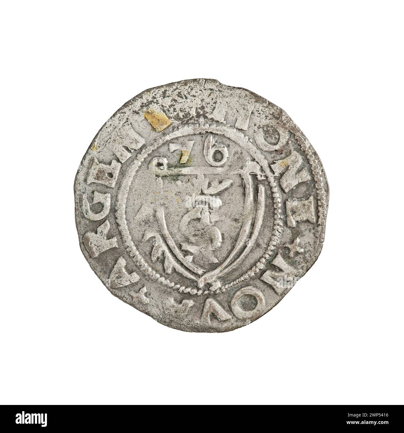 Szelg-Münze von Gotard Kettler aus dem Herzogtum Kurland und Semigallien im Jahr 1576, die während seiner Regierungszeit als Währung verwendet wurde. Stockfoto