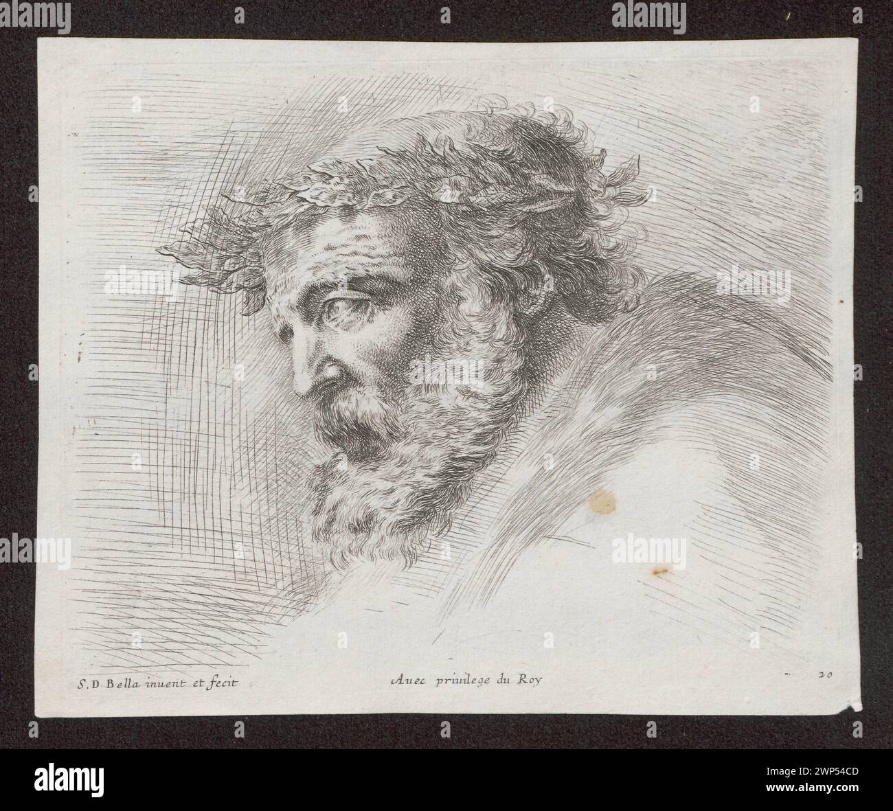 Stefano della Bellas Ätzung zeigt einen bärtigen älteren Mann mit Lorbeerkranz, im linken Profil gesehen. Dieses Werk ist Teil seiner Serie Principia del Disen, die um 1643 datiert wurde. Stockfoto