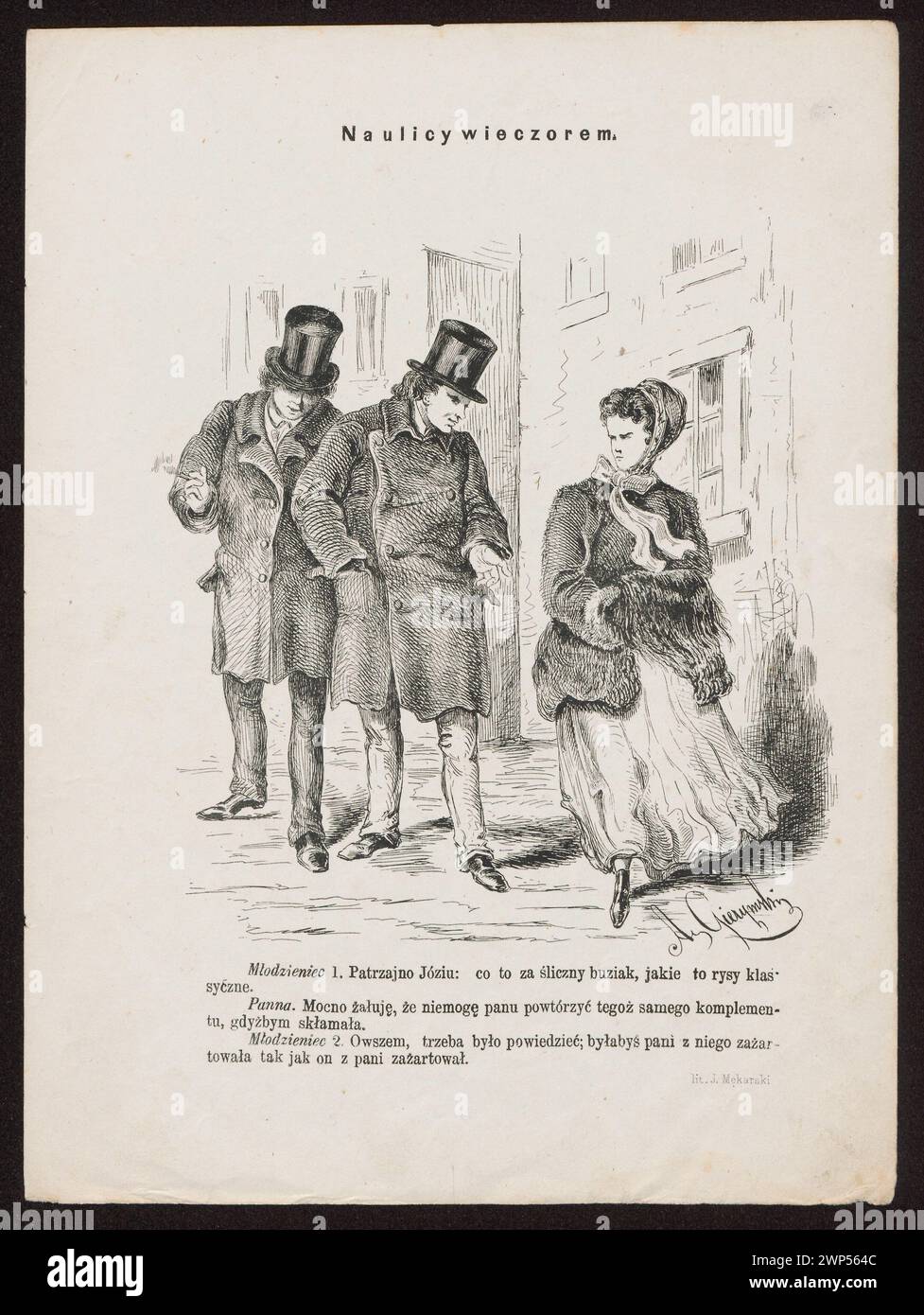 Abends auf der Straße; Gierymski, Aleksander (1850-1901), M Karski, Julian Aleksander (Warschau; Litographic AD; 1862-CA 1930); 1868 (1868-00-00-1868-00); Chełmiński, Tomasz (CA 1896-1940) – Sammlung, Mucha. Satirische und humoristische Skizzen (Warschau - Magazin - 1868-1870) - Illustrationen, Grafiken (Kunst), polnische Grafiken, Illustrationen für die Presse, Satire, moralische Satire, Genreszenen, Straßenszenen, Straßen, Abend, Abend, Balz (iconogr.) Stockfoto