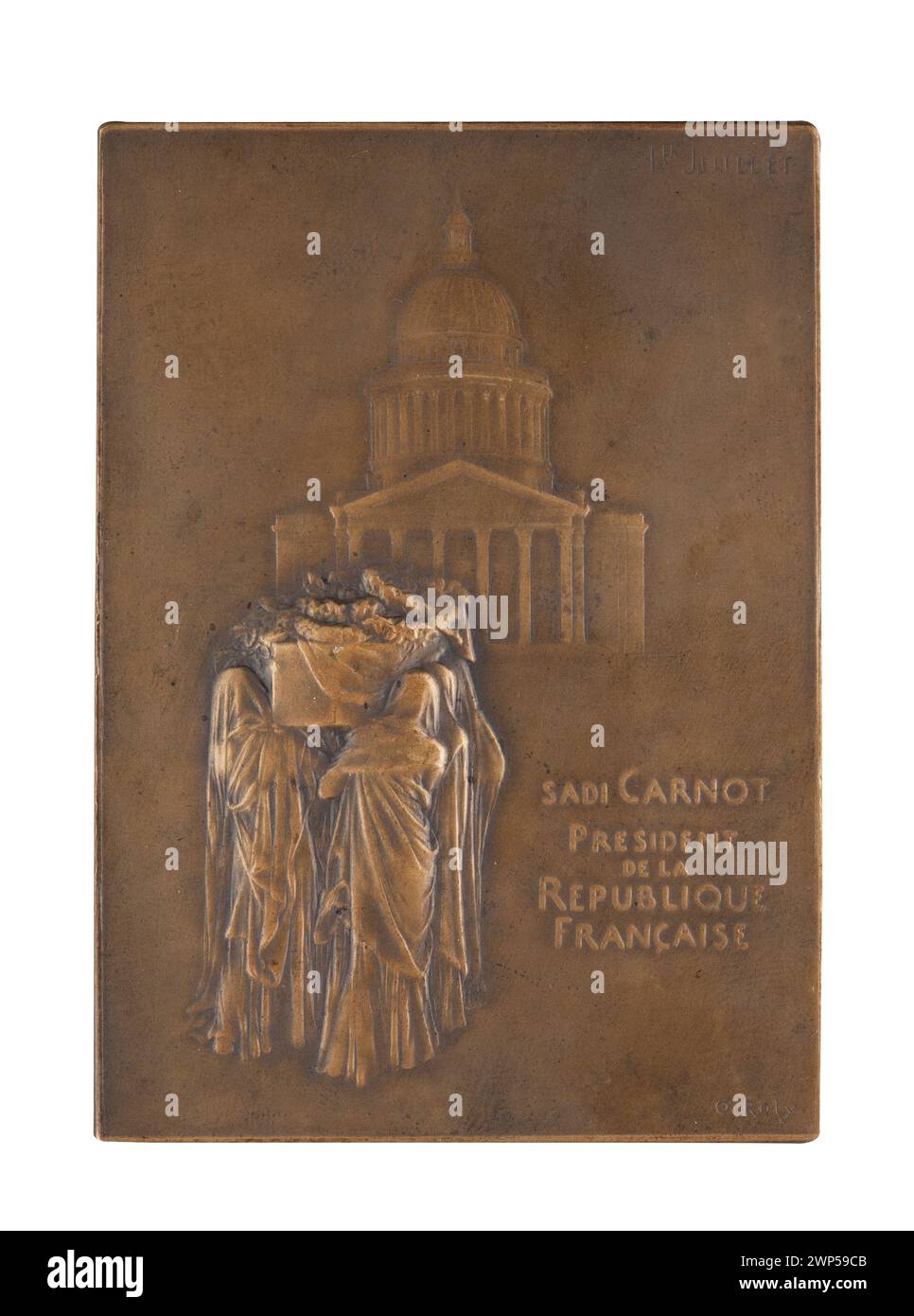 Eine Gedenktafel von Louis-RAR Roty aus dem Jahr 1894 erinnert an die Beerdigung des französischen Präsidenten Sadi Carnot und zeigt das Phrygische Hutsymbol im Secession-Stil. Stockfoto