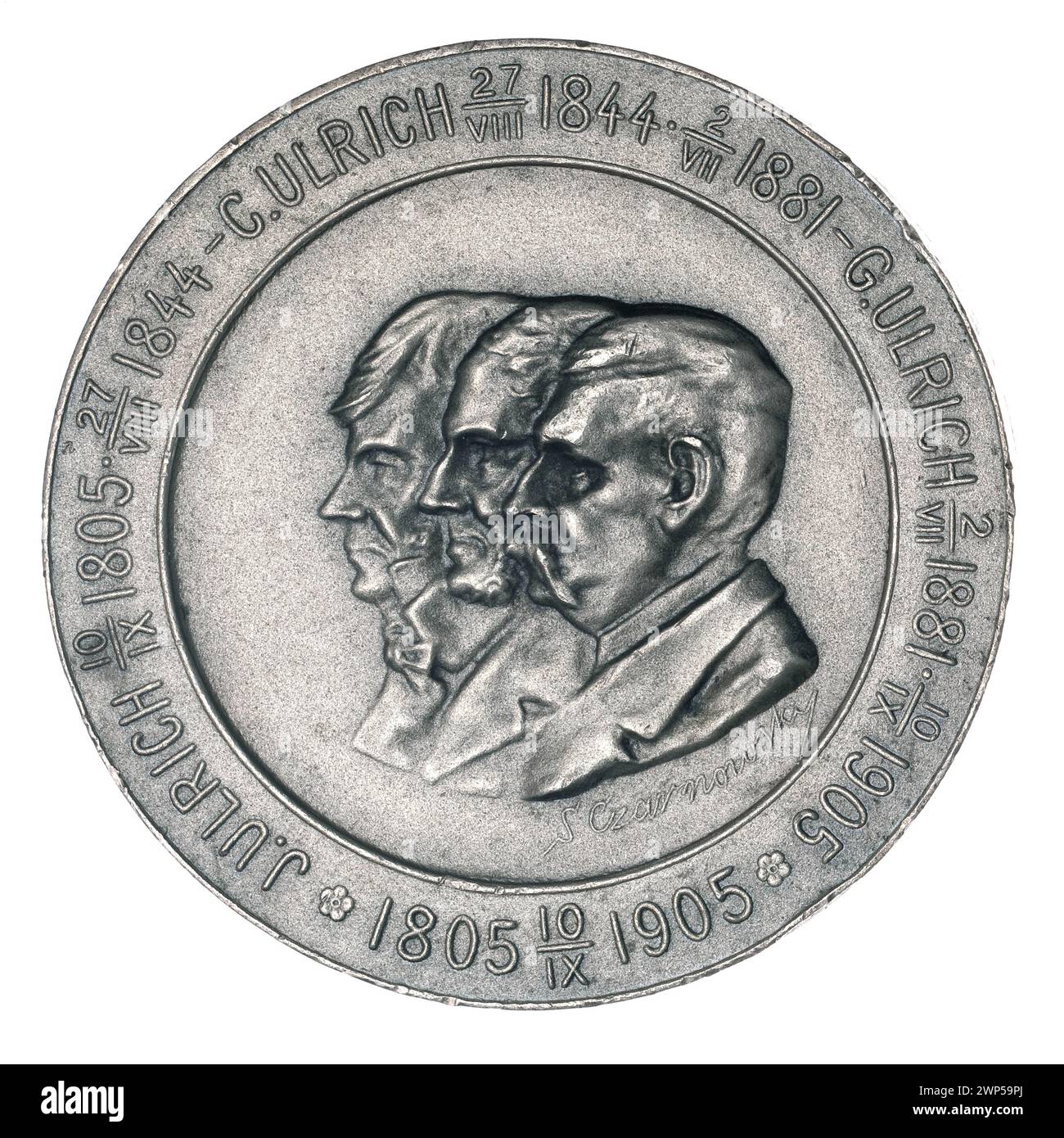 Eine Medaille aus dem Jahr 1905 zum 100. Jahrestag der Ulrichów Gartenarbeit in Warschau, entworfen von Stanisław Czarnowski und Jan Knedler im Secession-Stil. Stockfoto