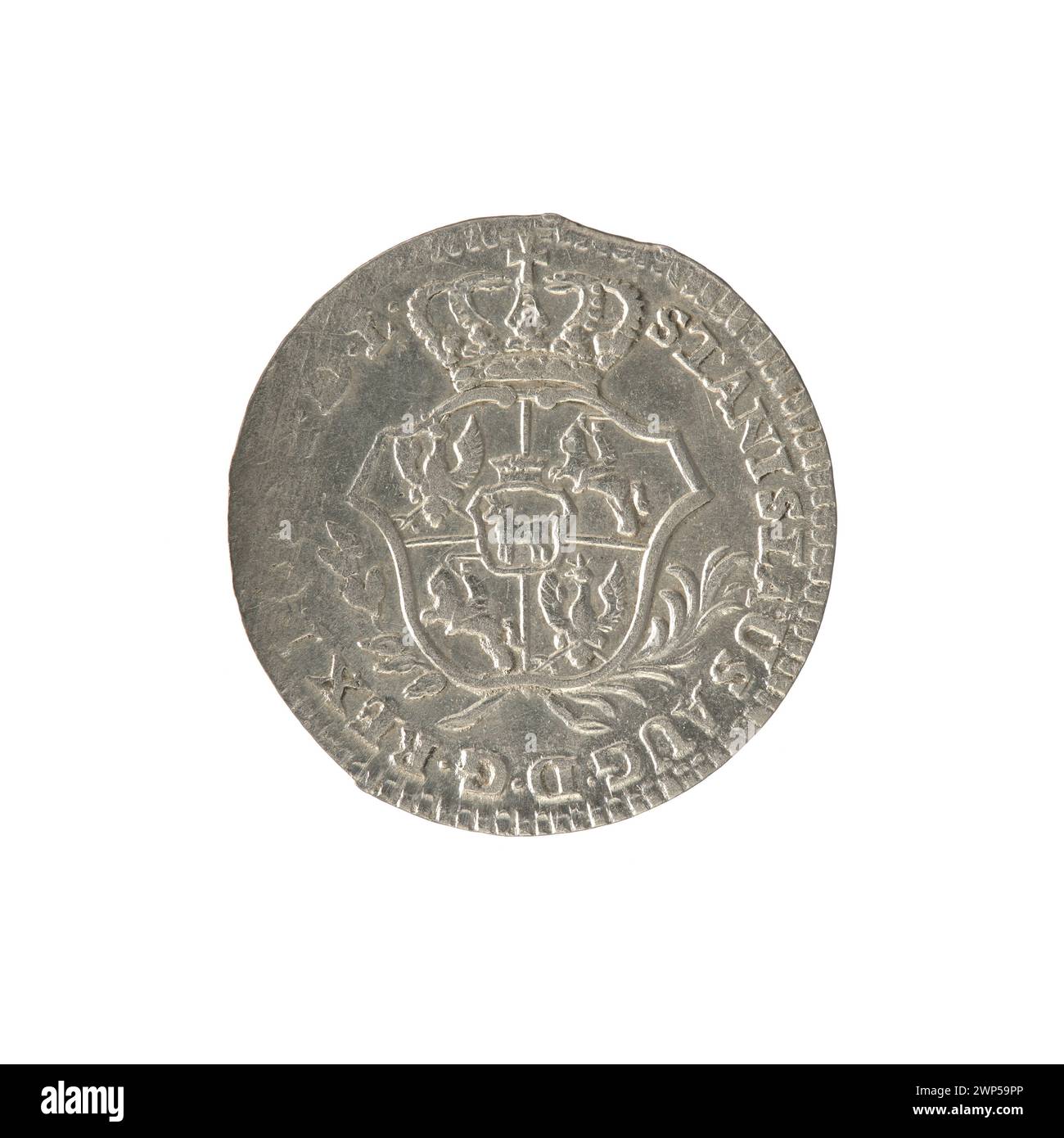 Diese polnische Münze aus dem Jahr 1767 zeigt ein gekröntes Wappen mit den Initialen „FS“ für den Münzmeister Fryderyk Wilhelm Sylm, der von 1765 bis 1767 aktiv war. Die Vorderseite trägt die Legende „STANISLAUS AUG D.G. REX POL. M.D.L.' zeigt König Stanisław August Poniatowskis Herrschaft an. Die Münze ist Silber mit einem Gewicht von etwa 3,71 Gramm und war Teil des ersten Zloty-Währungssystems. Stockfoto