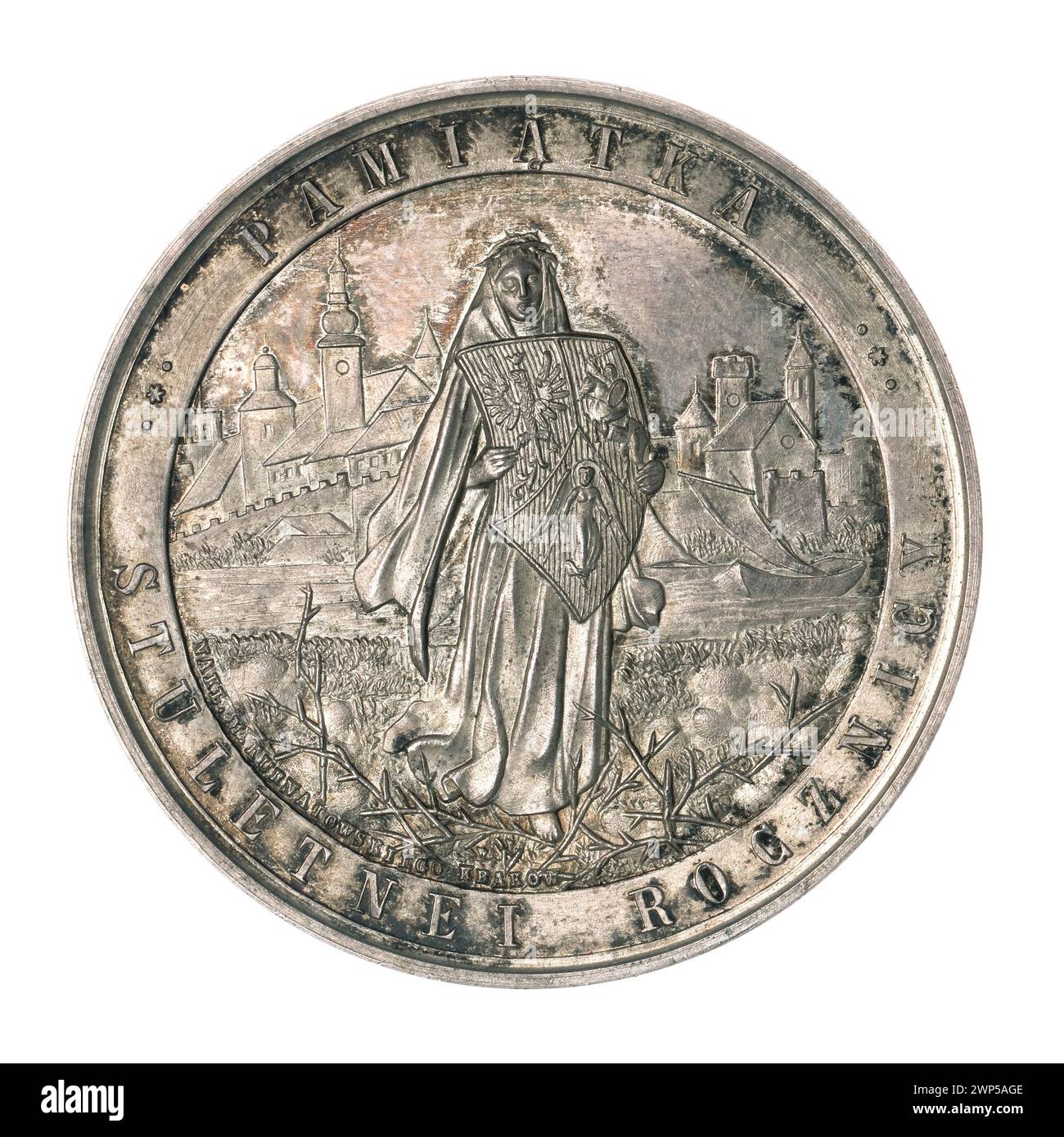 Eine Medaille aus dem Jahr 1891 anlässlich des hundertjährigen Bestehens der 3. Verfassung vom 3. Mai mit allegorischem Design, hergestellt von Mieczysław Kurnatowski und Juliusz Kossak im Stil der Sezession und polnischer Medaillen. Stockfoto