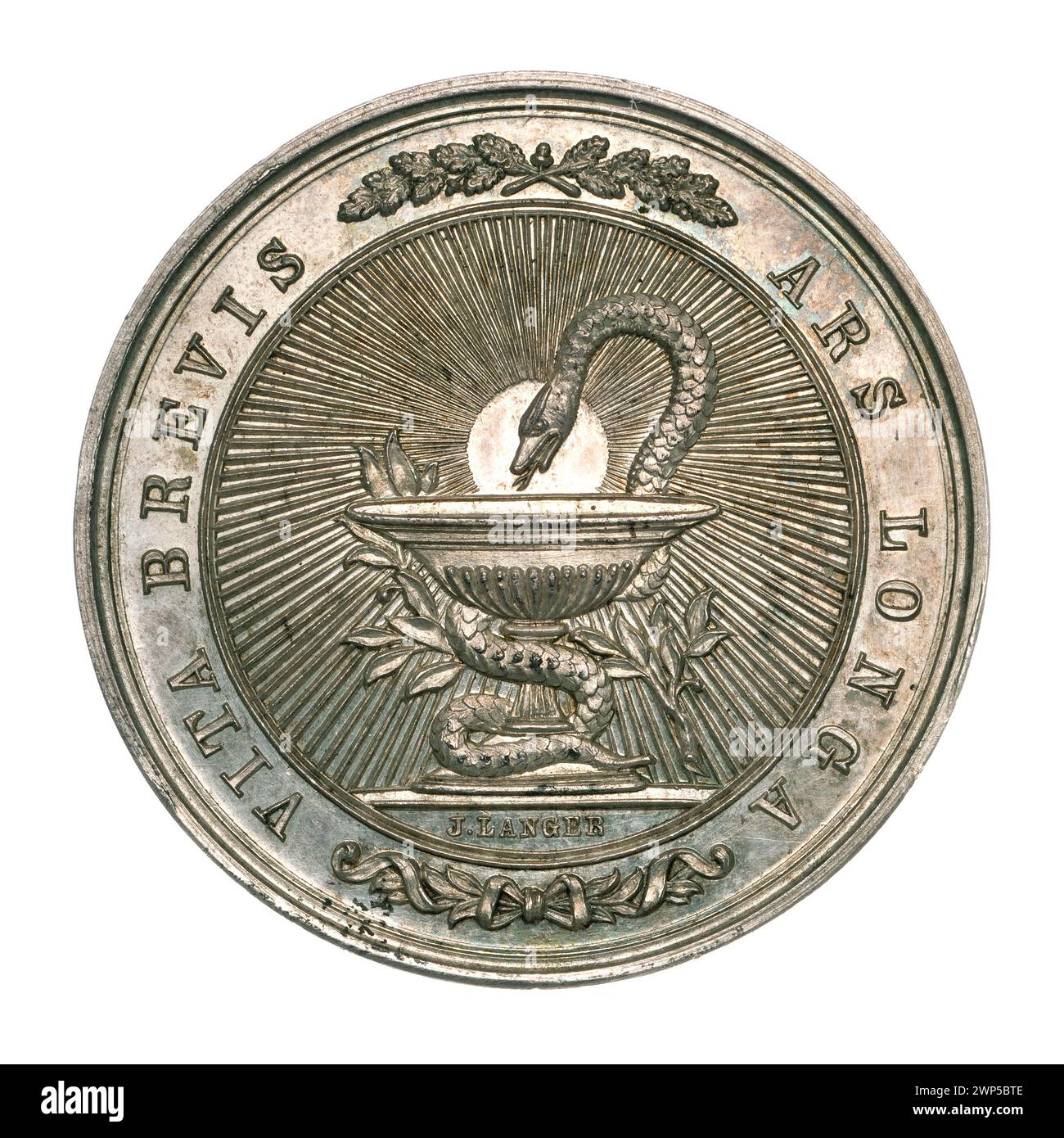 Eine Medaille aus dem Jahr 1891 anlässlich des VI. Kongresses der polnischen Ärzte und Naturforscher in Kraków mit der von Jan Nepomucen langer im Sezessionsstil entworfenen Aesculapius-Schlange, die medizinische und naturalistische Leistungen feiert. Stockfoto