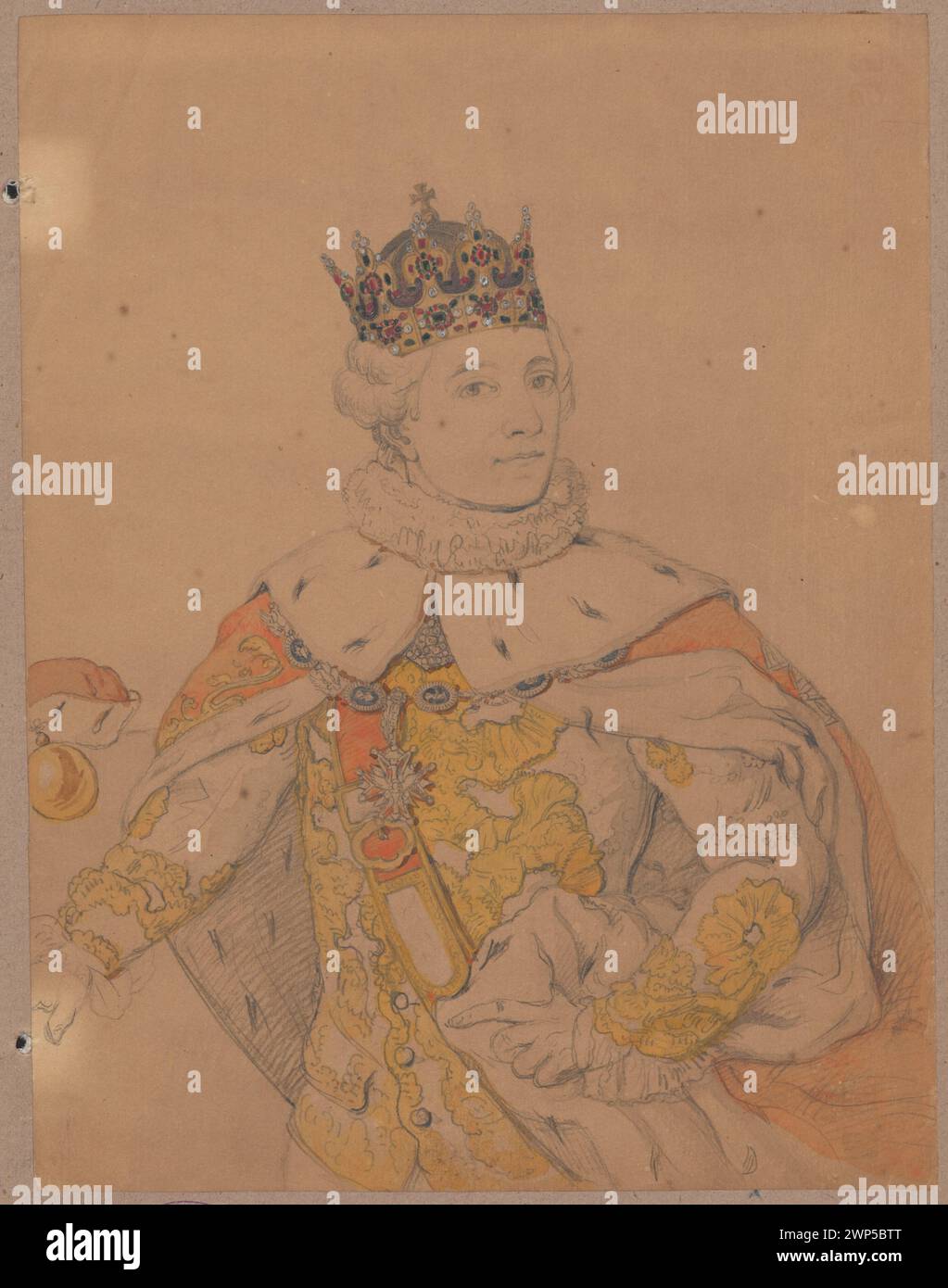 Porträt des polnischen Königs Stanisław August Poniatowski im Krönungskleid, gemalt von Aleksander Lesser zwischen 1830 und 1884, nach einem Bild aus dem ehemaligen Warschauer Rathaus, das in Sammlungen enthalten war. Stockfoto