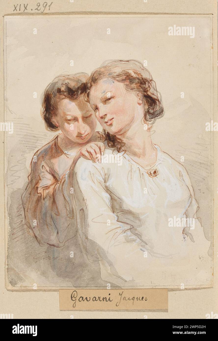 Junge Frau, die die Tierfreunde nimmt; Gavarni, Paul (1804-1866); 1860 (1860-00-00-1860-00); Bloch, Jan Gottlib (1836-1902), Bloch, Jan Gottlib (1836–1902) - Sammlungen, Gesellschaft zur Förderung der bildenden Künste (Warschau – 1860–1940) - Sammlung, Frauen, französische Zeichnungen, Genreszenen Stockfoto