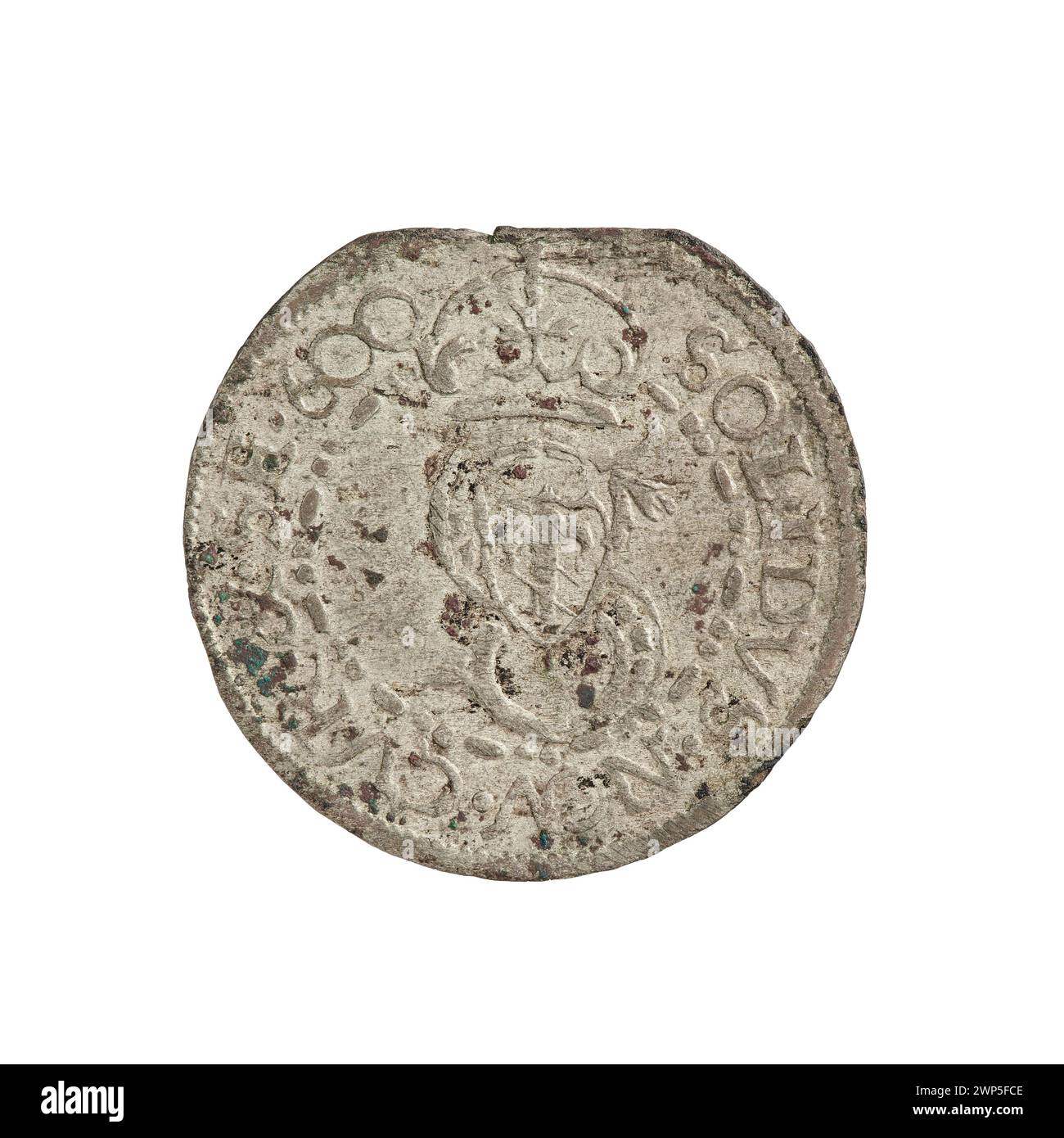 Eine 1600-Szel-g-Münze aus Kurland und Semigallien, die Fryderyk und Wilhelm Kettler illustriert, geprägt von Hans Stippel, zeigt eine europäische Münze aus dem frühen 17. Jahrhundert. Stockfoto