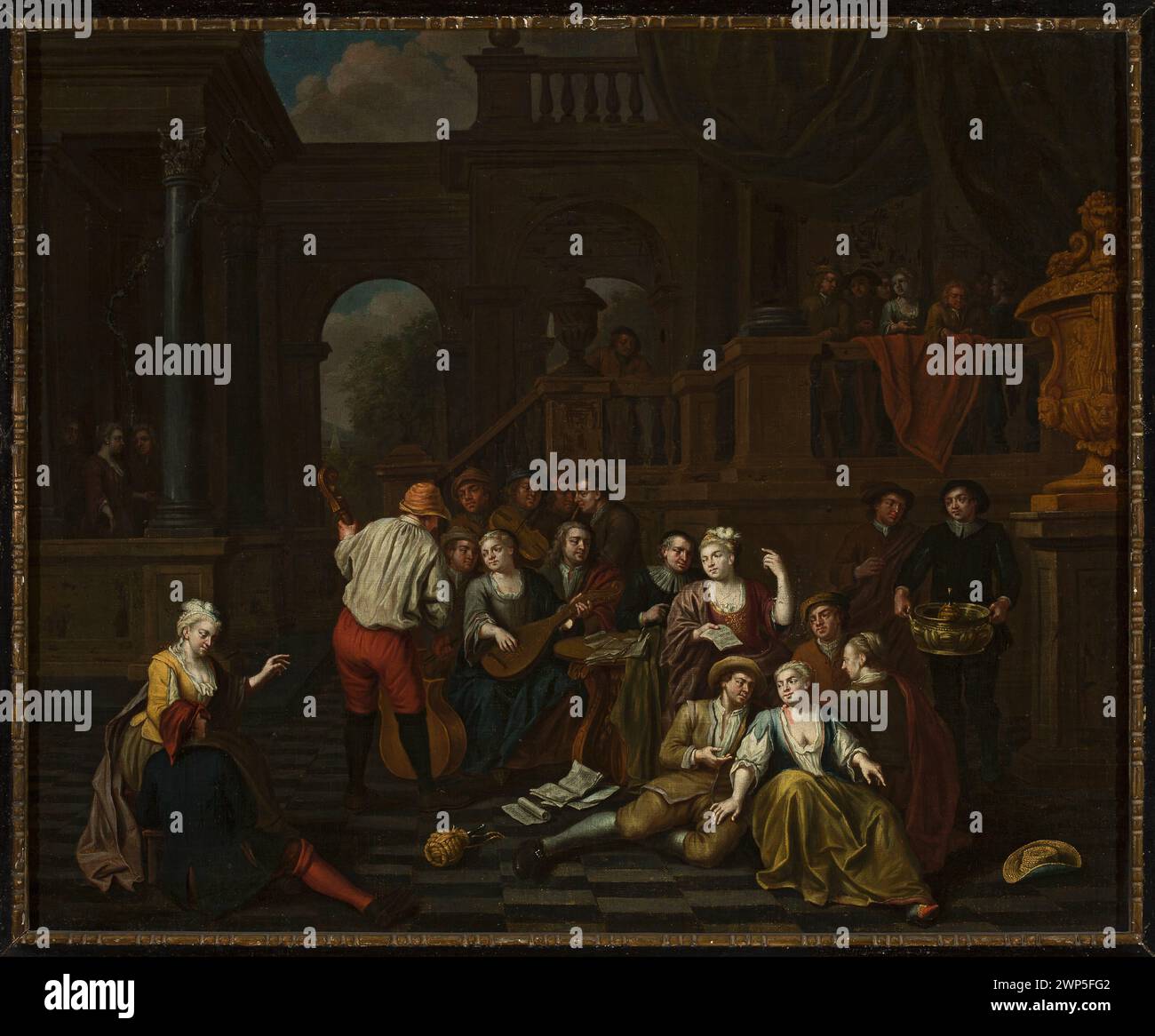 Ein niederländisches Gemälde von Richard Brakenburg aus dem 17. Jahrhundert, das Figuren zeigt, die in einem Innenraum mit Architektur, Musik und Genreszenen interagieren, Teil der Sammlung von Piotr Fiorentini. Stockfoto