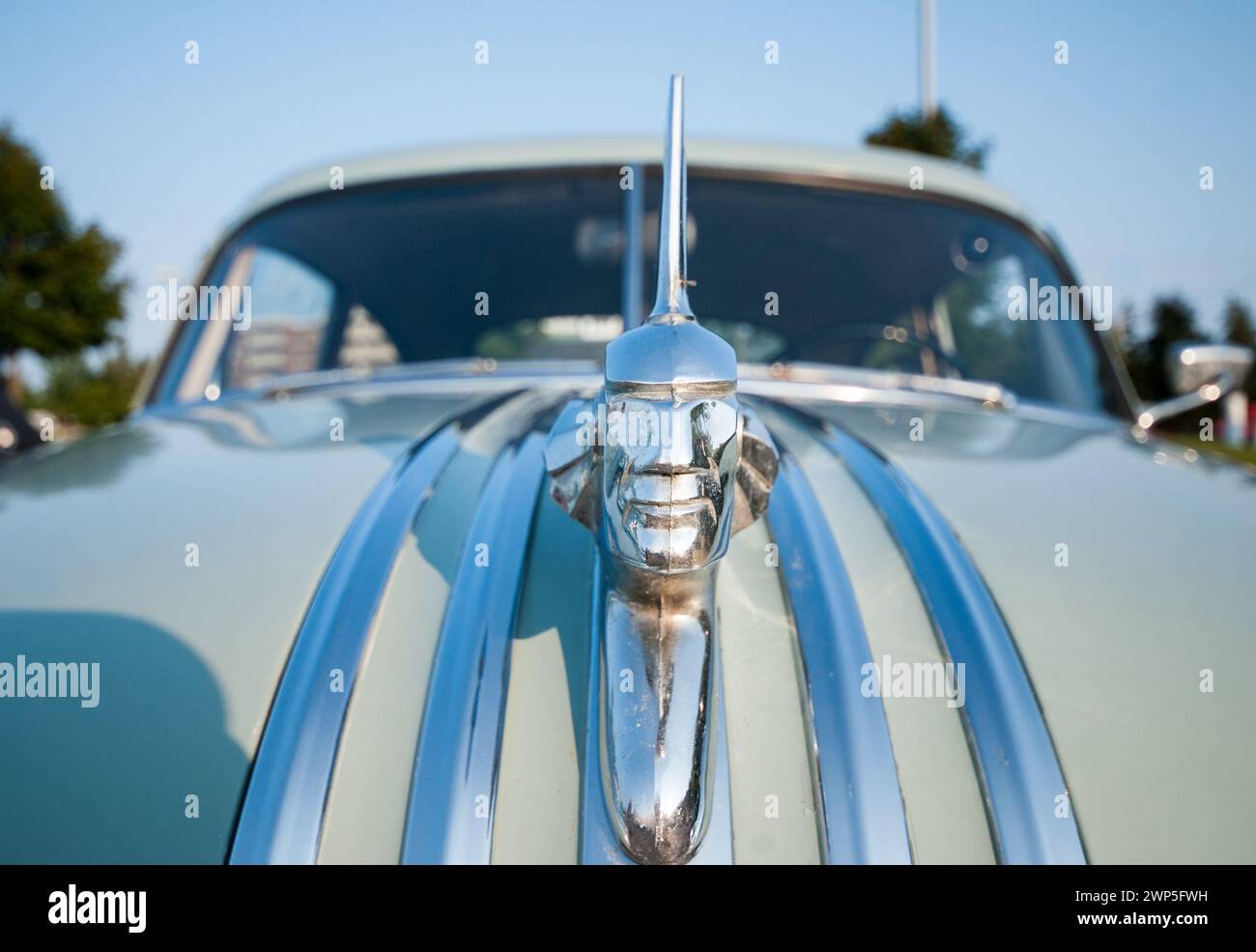 Eine Nahaufnahme einer verchromten Kapuze der amerikanischen Ureinwohner an einem alten Pontiac Chieftain aus dem Jahr 1951 Stockfoto