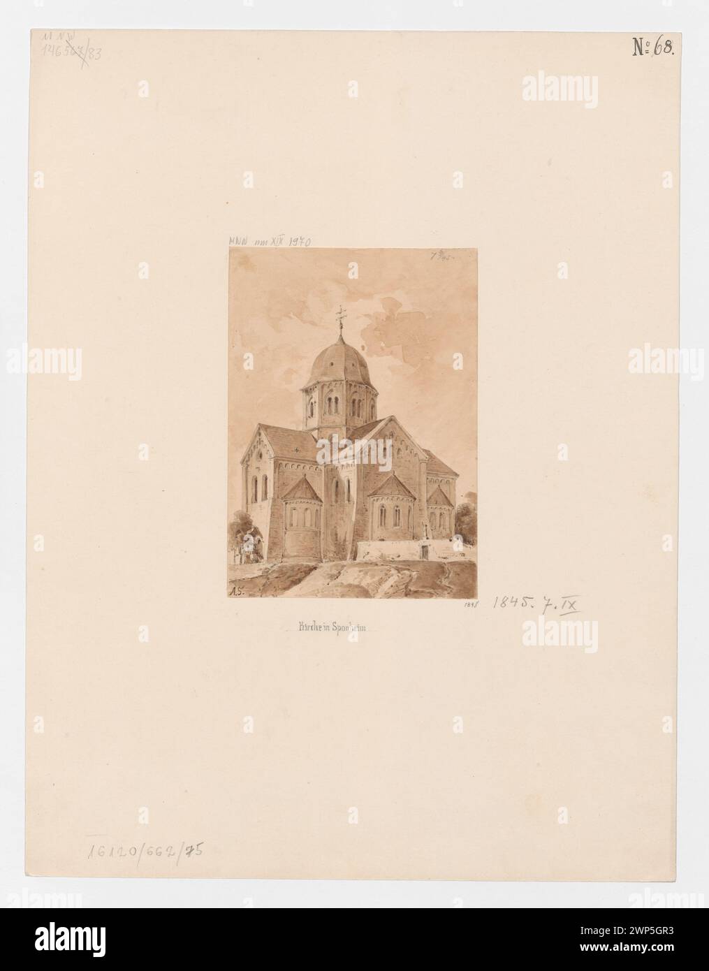 Ansicht der romanischen Pfarrkirche in Sponheim, von Albert Dietrich Schadow (1797–1869), 1845, aus der Berliner Sammlung. Die Zeichnung zeigt romanische Architektur, mittelalterliches Kirchendesign und Gebäudedetails im akademischen Stil. Stockfoto