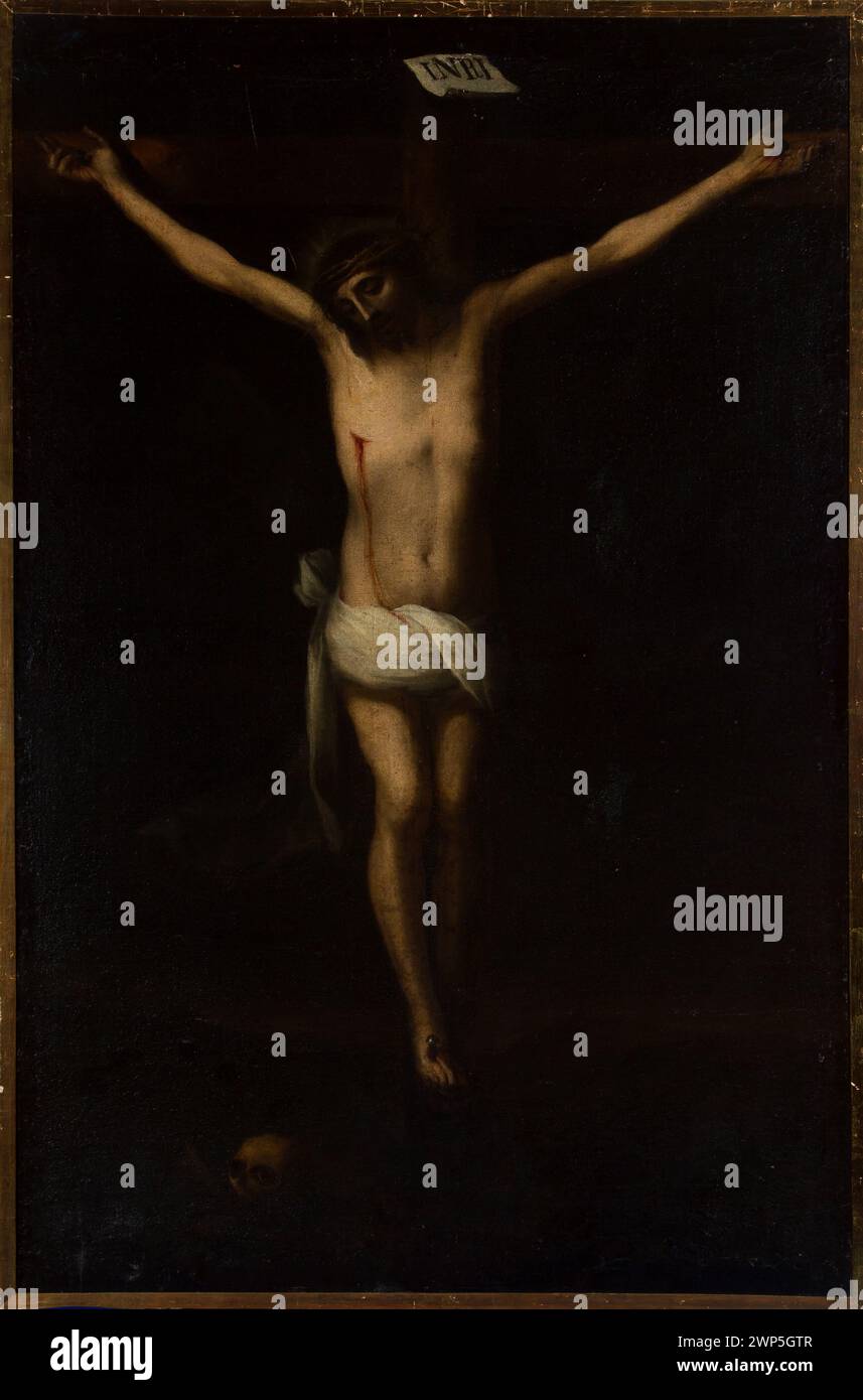 Spanisches Gemälde „Kreuzigung“ aus dem 17. Jahrhundert, das die Hinrichtung Christi am Kreuz darstellt. Stockfoto