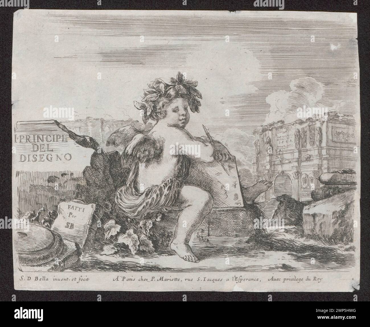 Titelkarte der Serie „Principi del Disgno“ von Stefano Della Bella, um 1643, mit Beiträgen von Mariette. Stockfoto