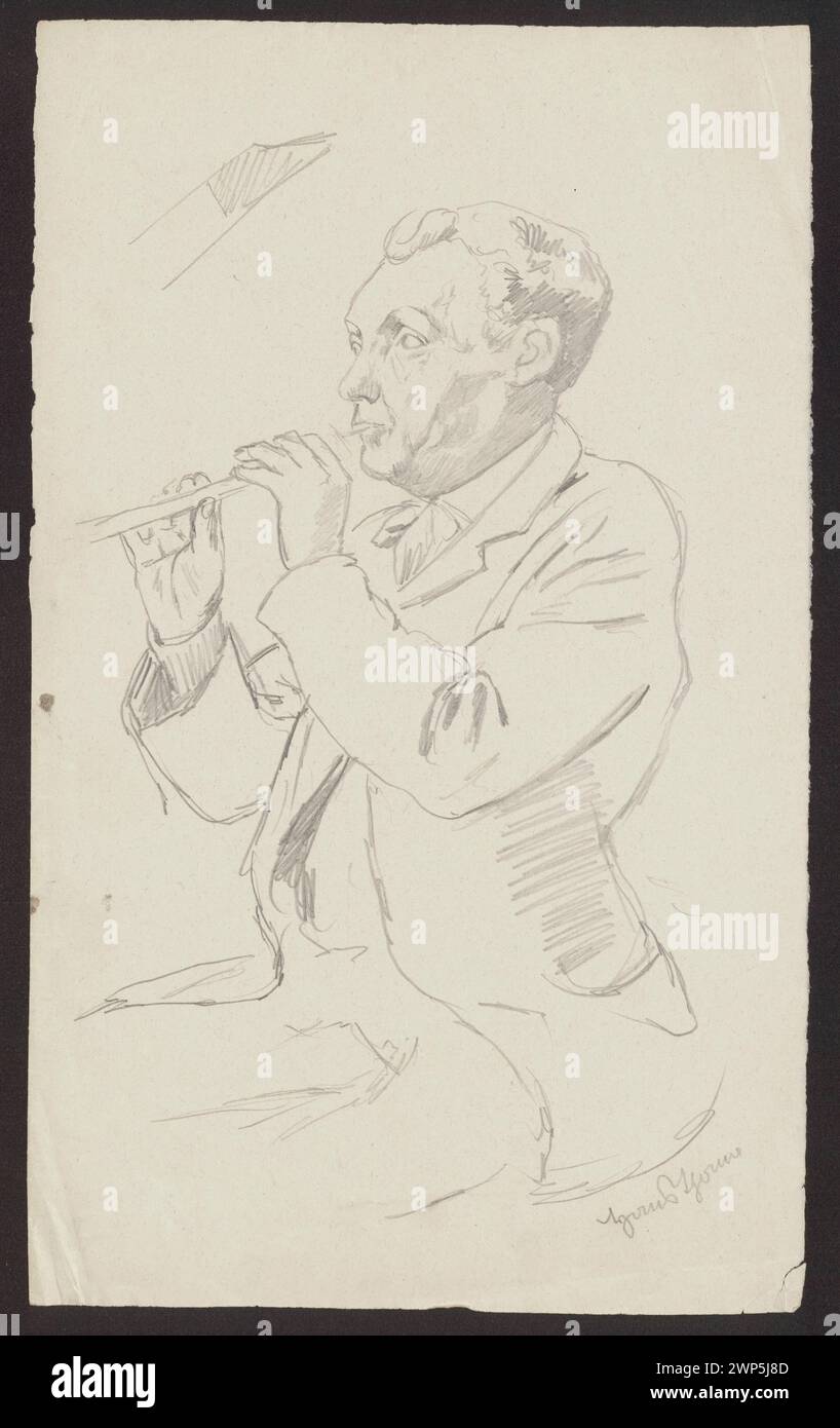Skizze von Hans Thoma von einem Mann, der eine Flöte spielt, um 1885, mit Haltung, Armposition und Instrumentenhandhabung für künstlerische Studien. Stockfoto