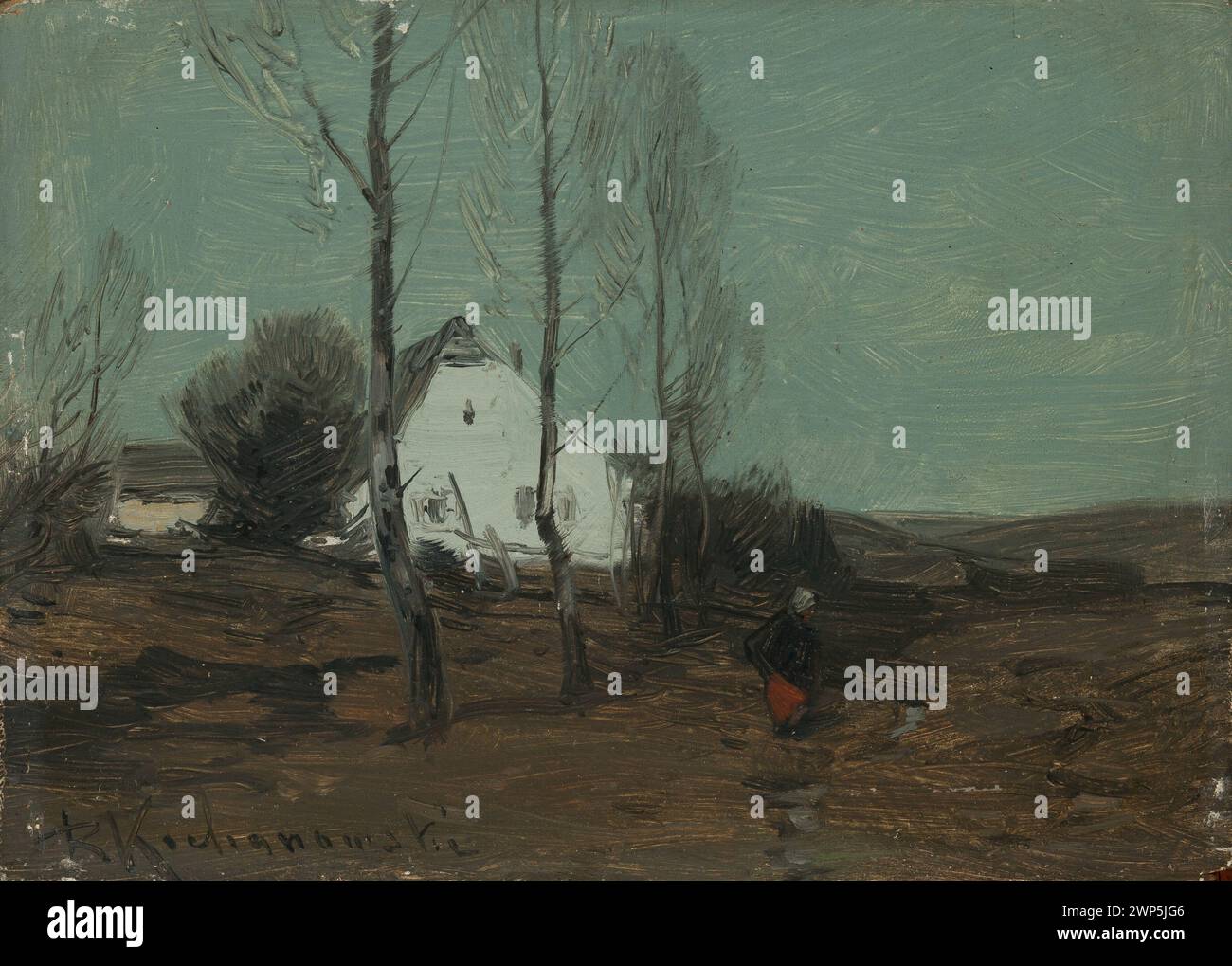 Ein Gemälde von Roman Kazimierz Kochanowski aus dem Jahr 1890-1900, das eine Landschaft mit einem kleinen Gespräch unter Naturkulisse darstellt, geschenkt. Stockfoto