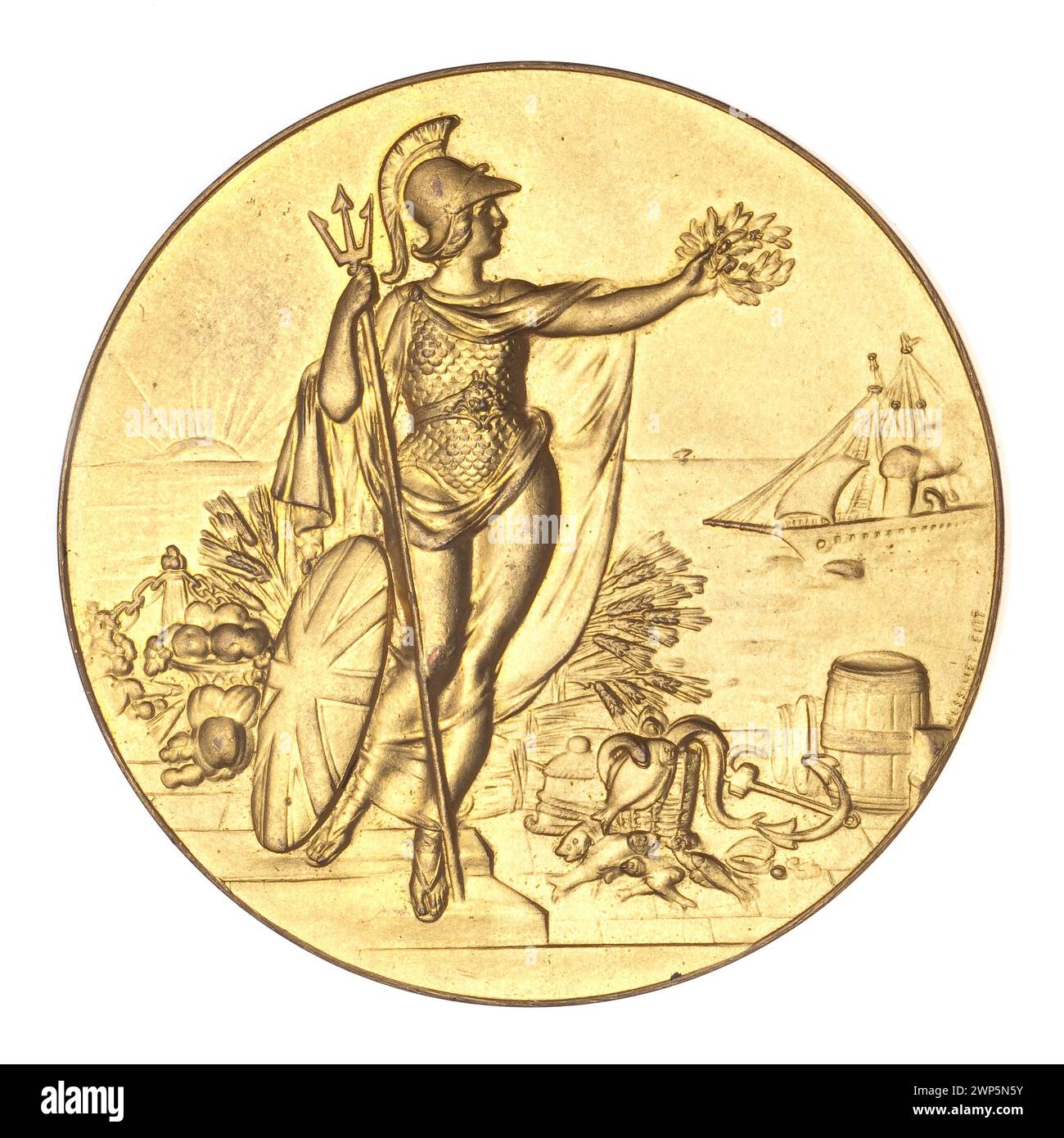 1906 wurde Jacob Fischer auf der Internationalen Hygiene-Ausstellung in London mit einer Medaille ausgezeichnet, die Massonnet im Secession-Stil entworfen hat und Erfolge in den Bereichen Gesundheit und Hygiene würdigt. Stockfoto