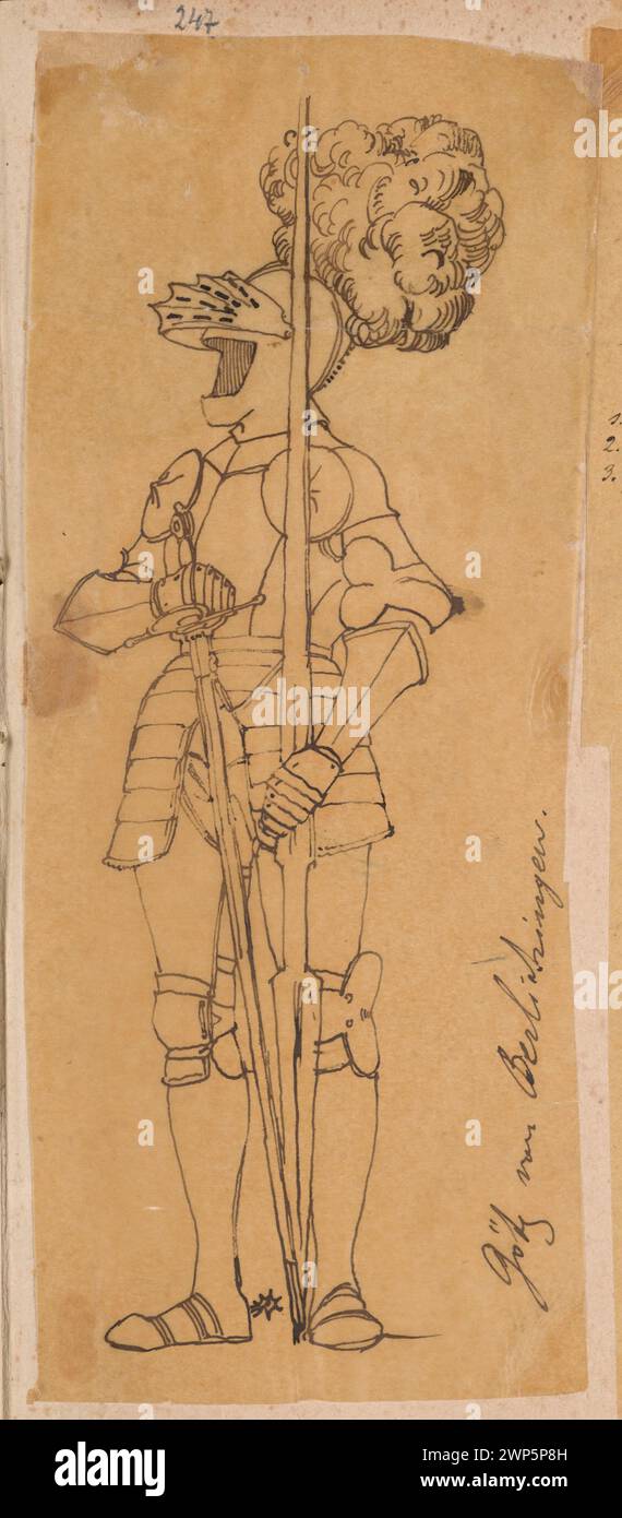 Darstellung der Ritterrüstung Gottfried von Berlichingens aus dem 15.–16. Jahrhundert mit Waffen, Helm und berittenen Details von Czachórski, 1870. Stockfoto