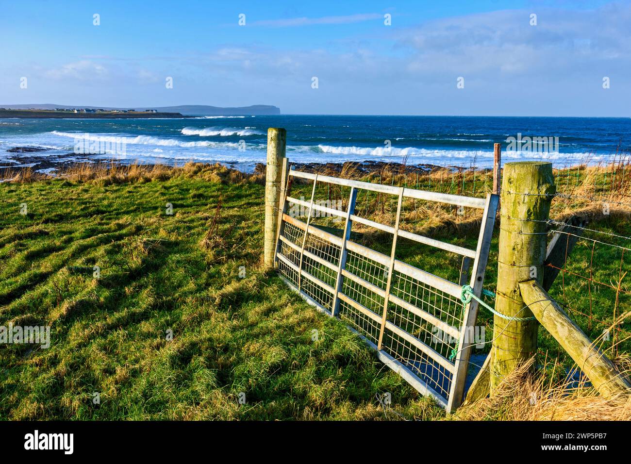 Dunnet Head und Pentland Firth, von einem Farmtor in der Nähe des Dorfes Mey, Nordküste von Caithness, Schottland, Großbritannien Stockfoto