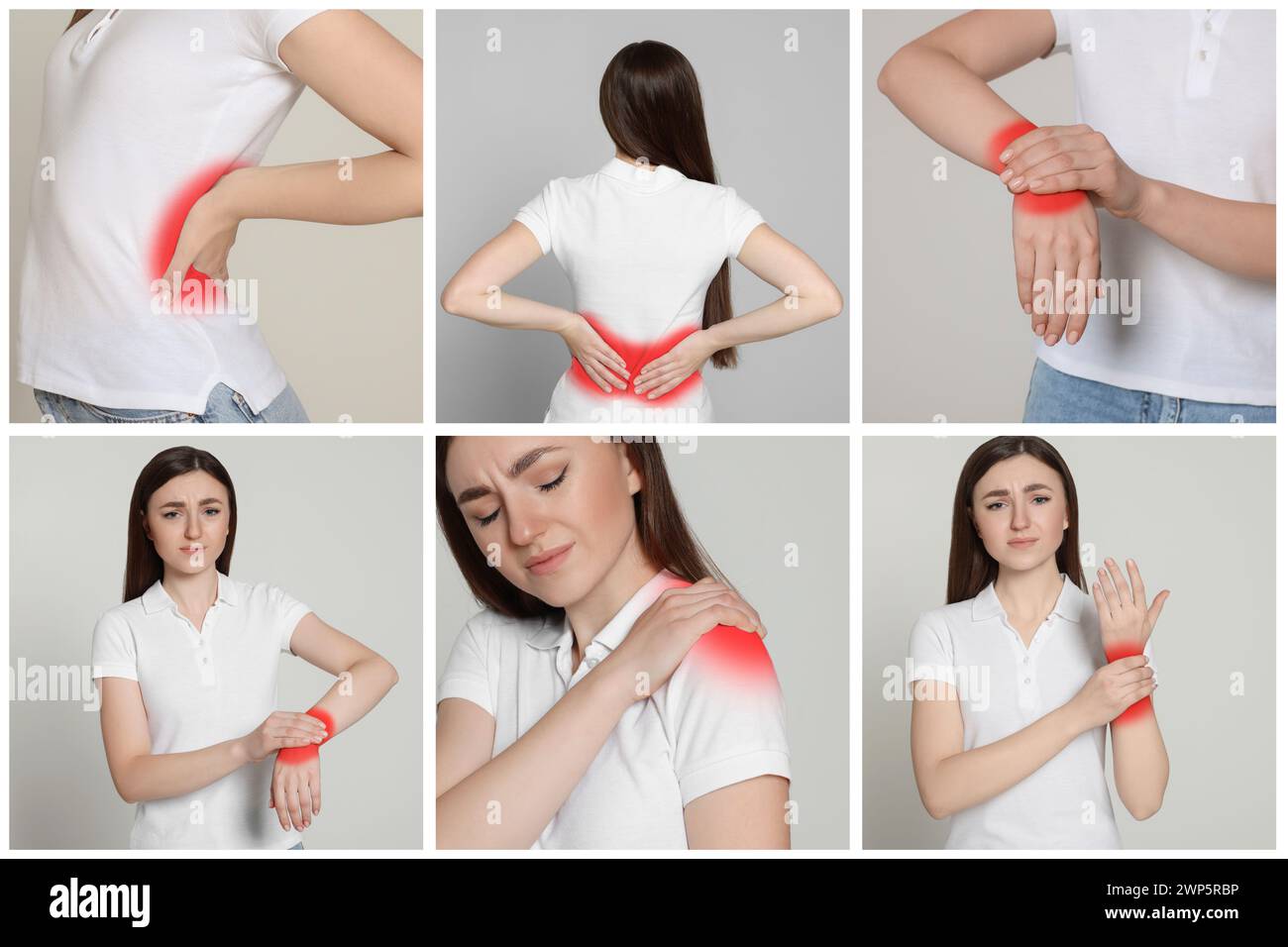 Frauen mit Rheumatismus. Collage von Fotos Stockfoto