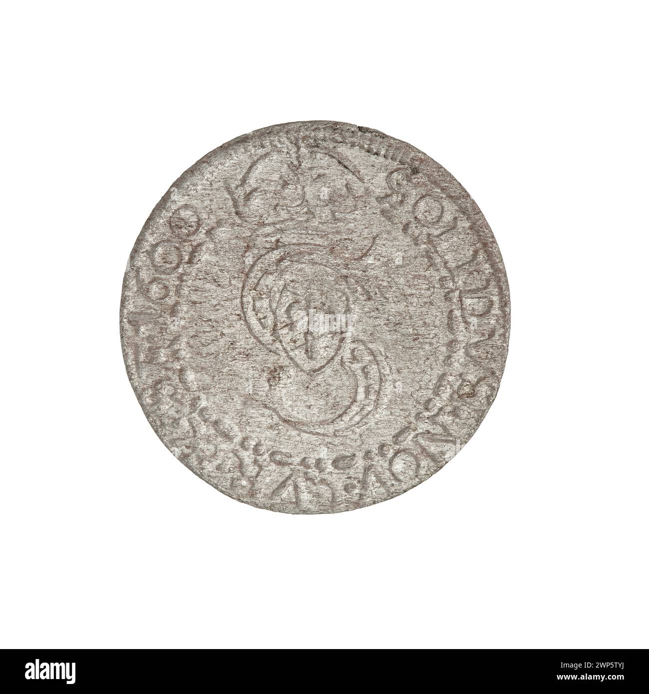 Eine 1600-Szel-g-Münze, die Fryderyk und Wilhelm Kettler darstellt, geprägt von Hans Stippel im Herzogtum Kurland und Semigallien, die den numismatischen Stil des frühen 17. Jahrhunderts widerspiegelt. Stockfoto