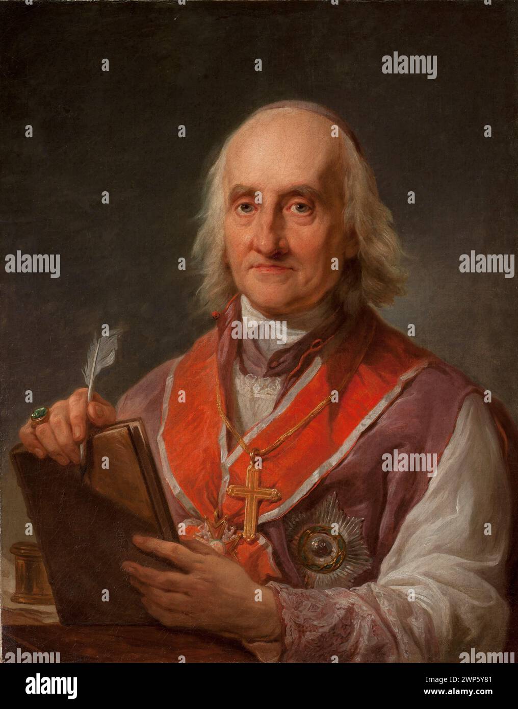 Porträt von Jan Alberandi, Bischof und Mitglied des Ordens von St. Stanisław, mit Kleidung und Büchern um 1800. Stockfoto