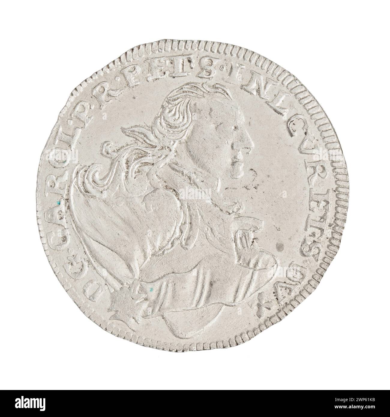 Eine 1762er Sechsmünze aus dem Herzogtum Kurland und Semigallien, die Karol Christian Saski darstellt, geprägt von Konrad Henryk Schwerdtner, die Währung der Mitte des 18. Jahrhunderts darstellt. Stockfoto