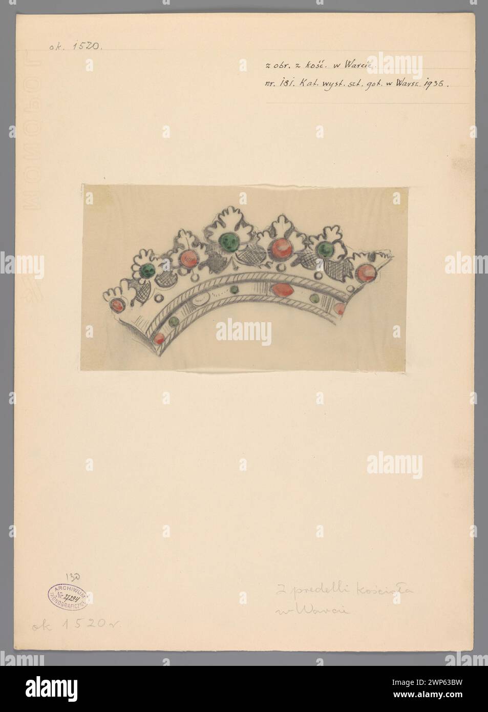 Gemälde mit einer Krone und einer Kirche in Warta, ausgestellt auf der Ausstellung polnischer Gotik in Warschau, um 1935–1939. Stockfoto