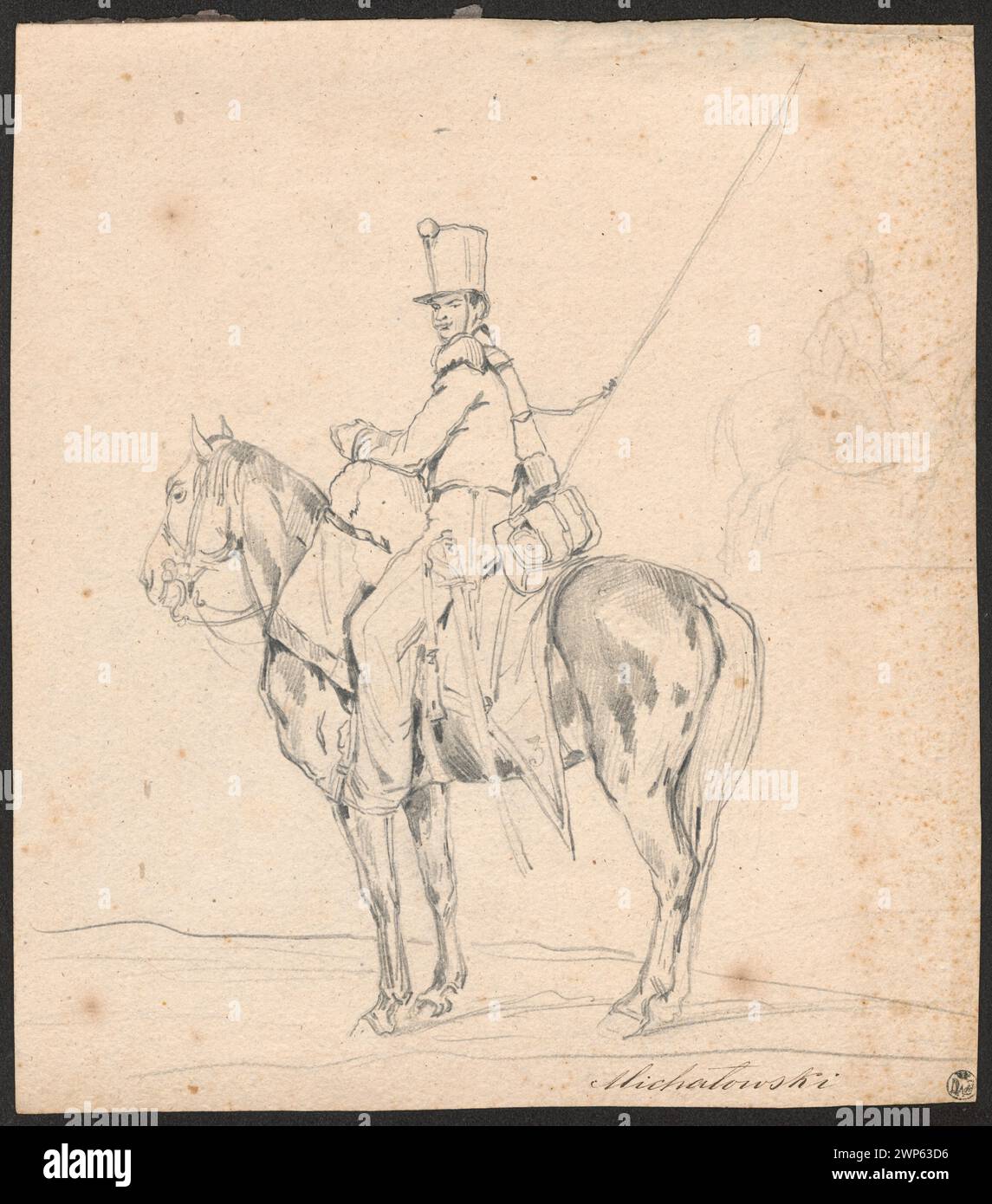 Um 1850 schuf Micha eine Zeichnung, die einen französischen Soldaten auf dem Pferd mit einer Schusswaffe darstellt und die militärischen Aktivitäten, Pferde und Soldaten betont. Das Werk ist Teil der Sammlung von Dominik Witke-Jeżewski in Polen. Stockfoto