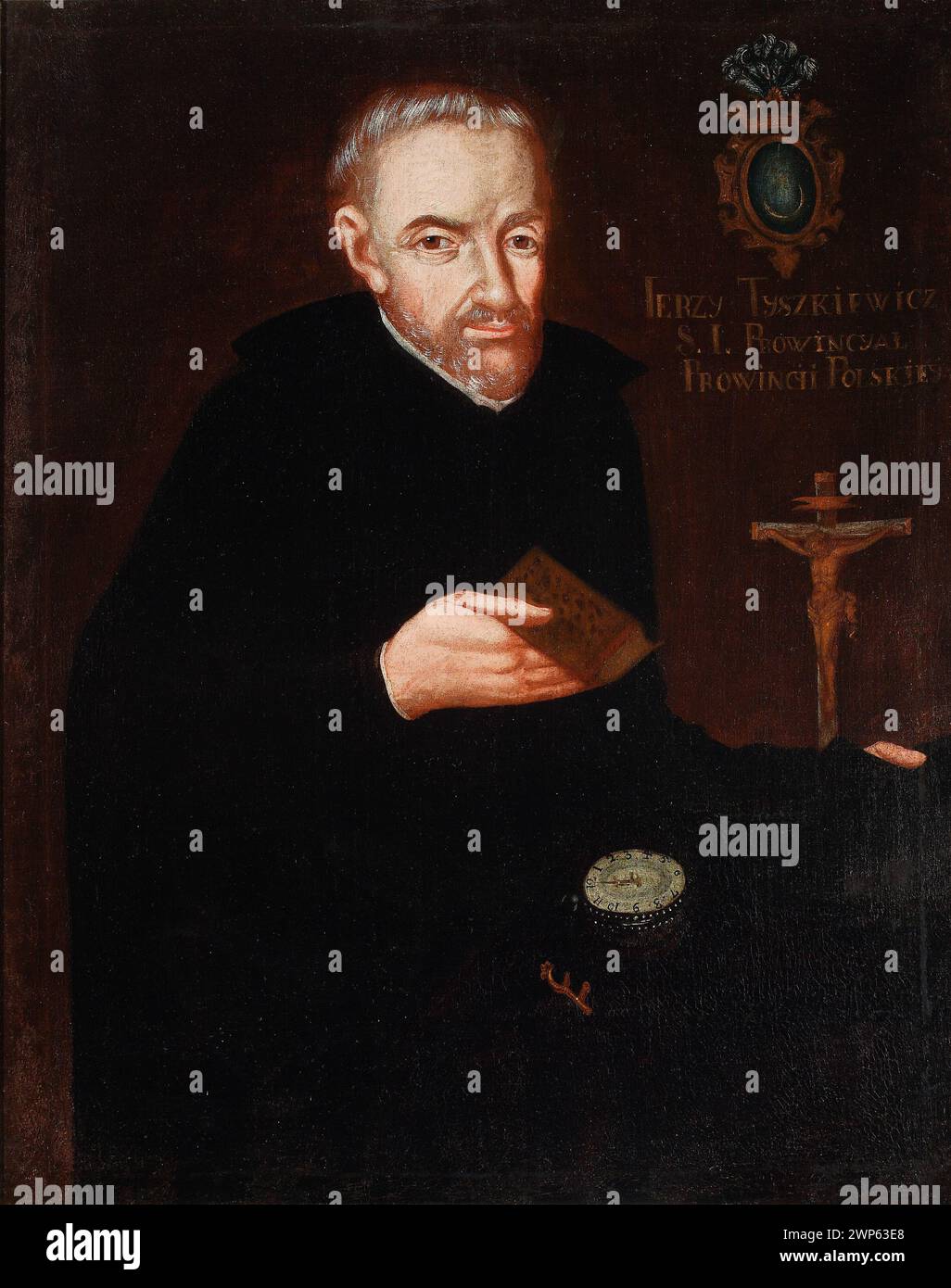 Porträt von Jerzy Tyszkiewicz (1571-1625), Mitglied des Wappens von Leliwa, verbunden mit Jesuiten, gemalt nach 1793, mit Geistlichen, Kruzifixen, Bücher, Uhren und Inschriften, mit Provenienz aus dem Łohojsko-Palast, Weißrussland. Stockfoto