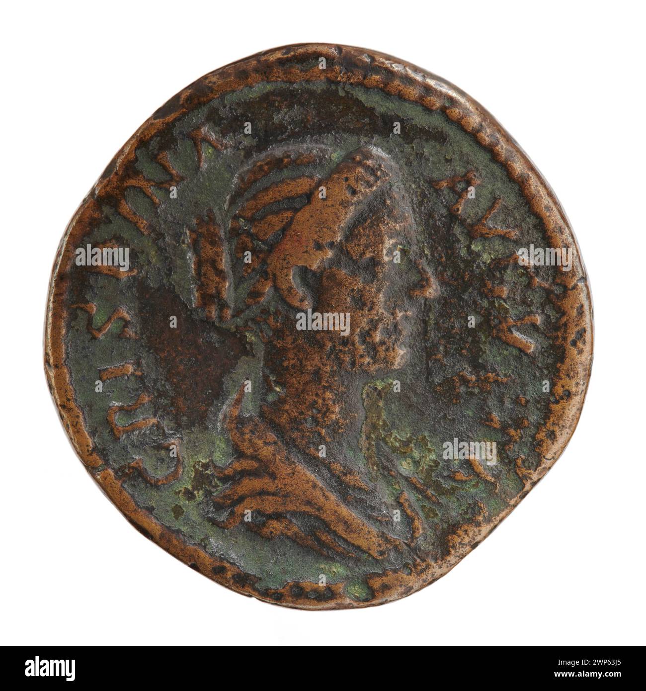 Sesterce Coin, ausgestellt 178-183 n. Chr. unter Kaiser Commodus und Kaiserin Crispina, mit kaiserlichen Porträts, Inschriften und Bronzekomposition, die typisch für römische Münzprägungen des späten 2. Jahrhunderts ist. Stockfoto