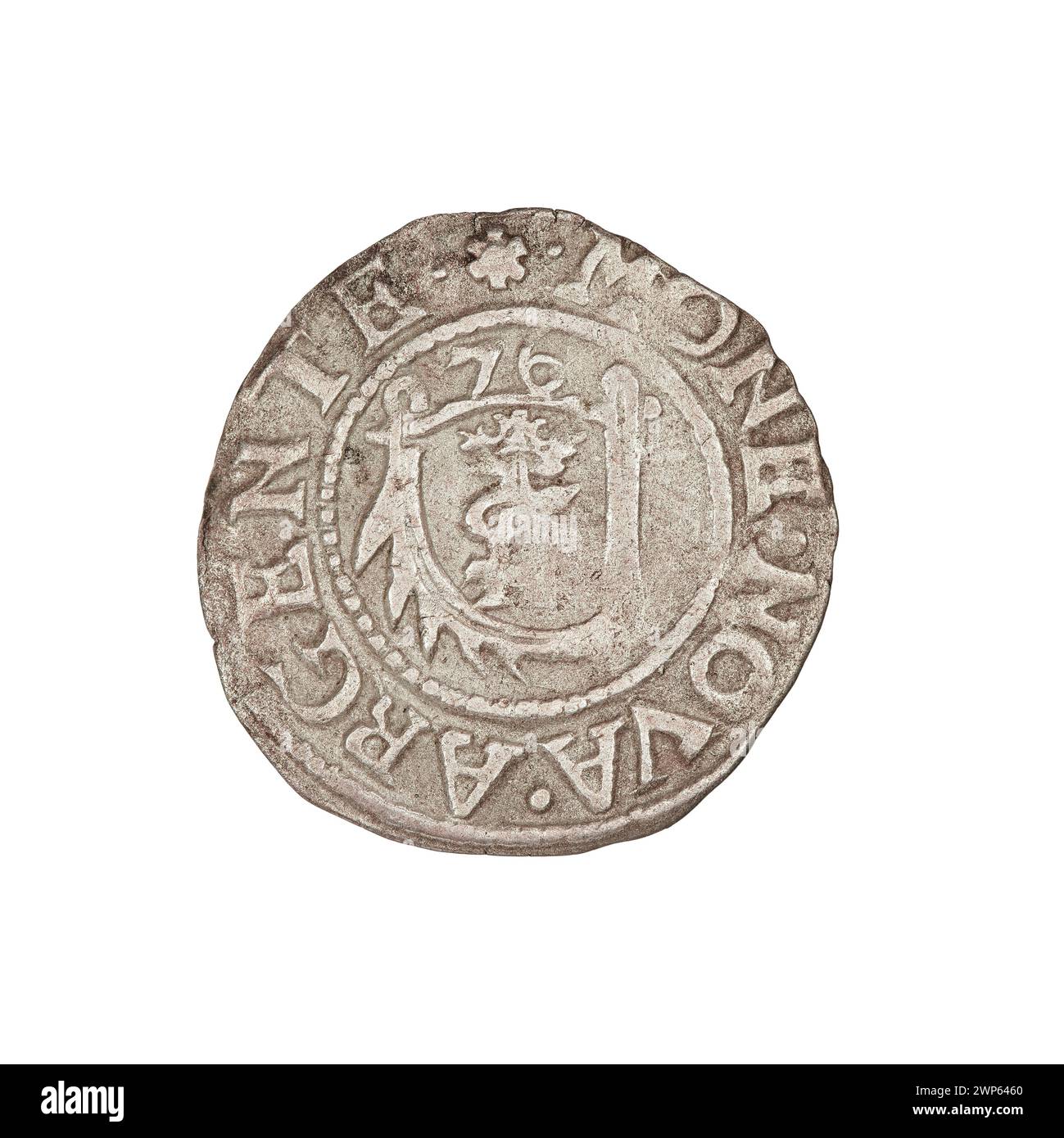 1576 Szelg-Münze von Gotard Kettler aus dem Herzogtum Kurland und Semigallien, Teil des regionalen Währungsumlaufs. Stockfoto