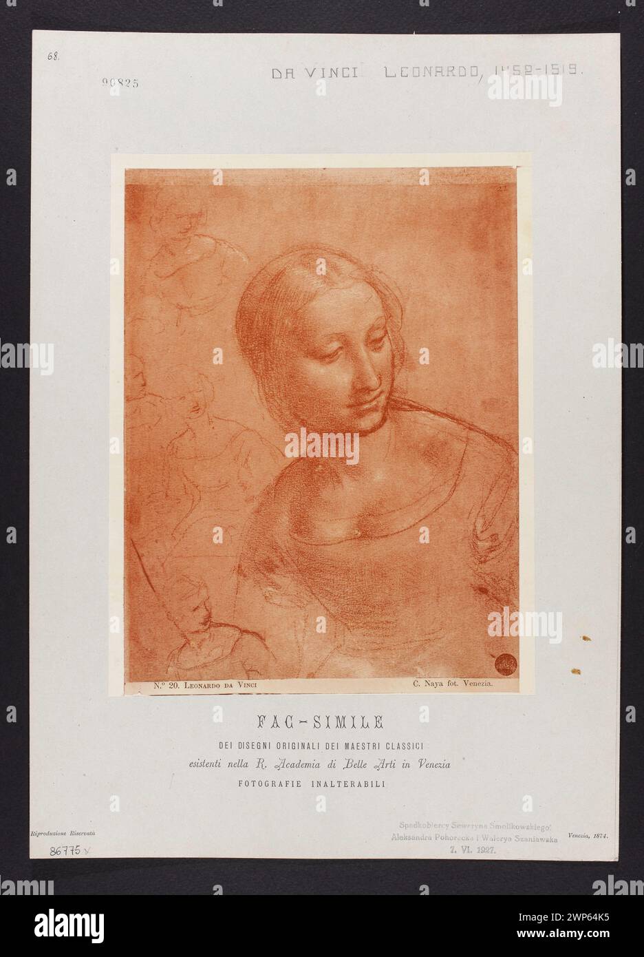 Eine Studie über eine weibliche Büste von Leonardo da Vinci, die an der Accademia di Belle Arti in Venedig stattfand, veranschaulicht italienische Zeichentechniken der Renaissance. Stockfoto
