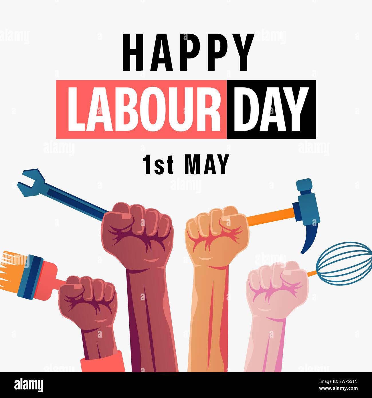 Vector Happy Work Day mit Händen, die Arbeitsgeräte halten Stock Vektor