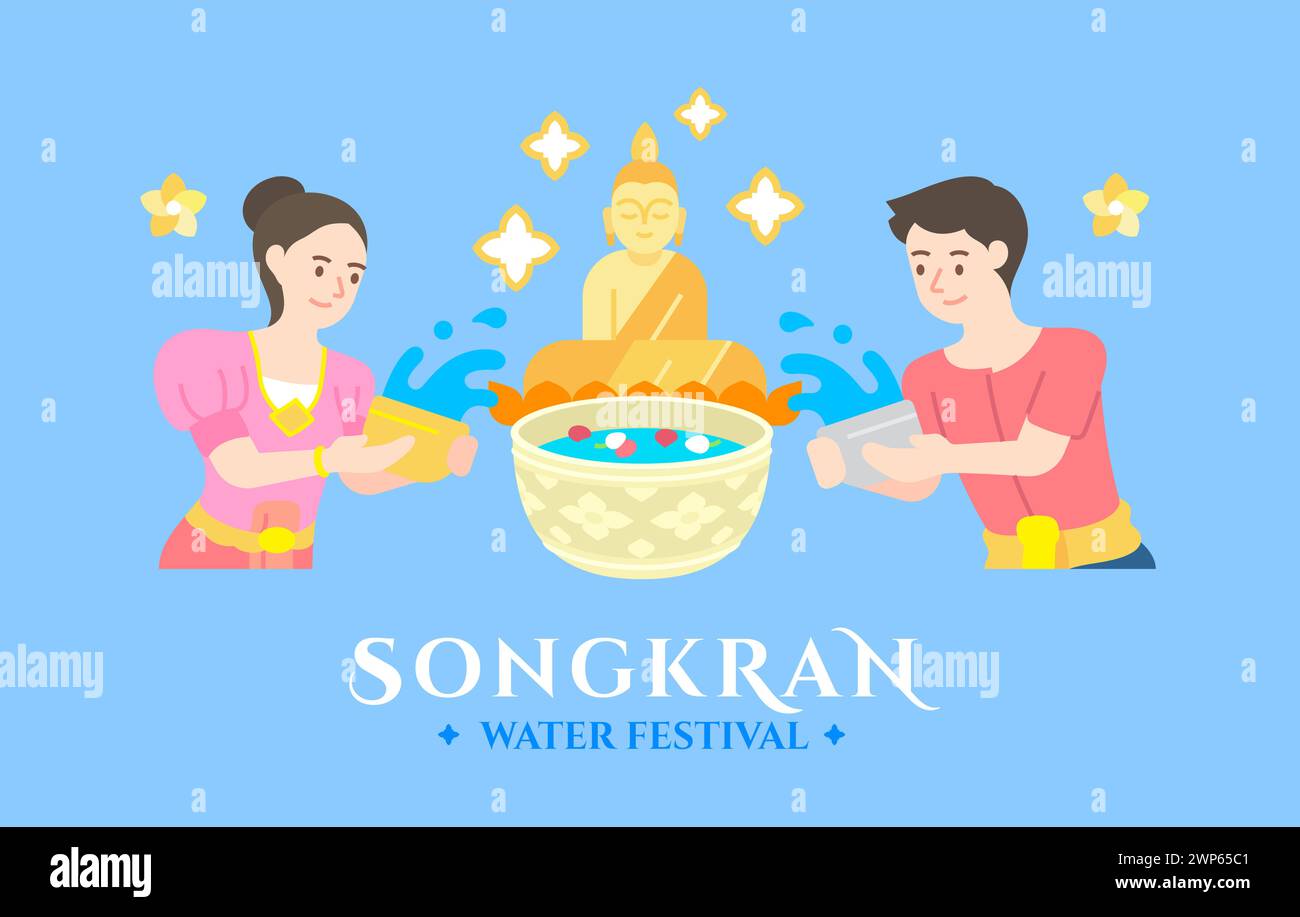 songkran thailand Wasserfestival Feier. Menschen Mann und Frau Spritzen Wasser und buddha Statue Gießen Wasser Zeremonie flache Stil Vektor Illustration Stock Vektor