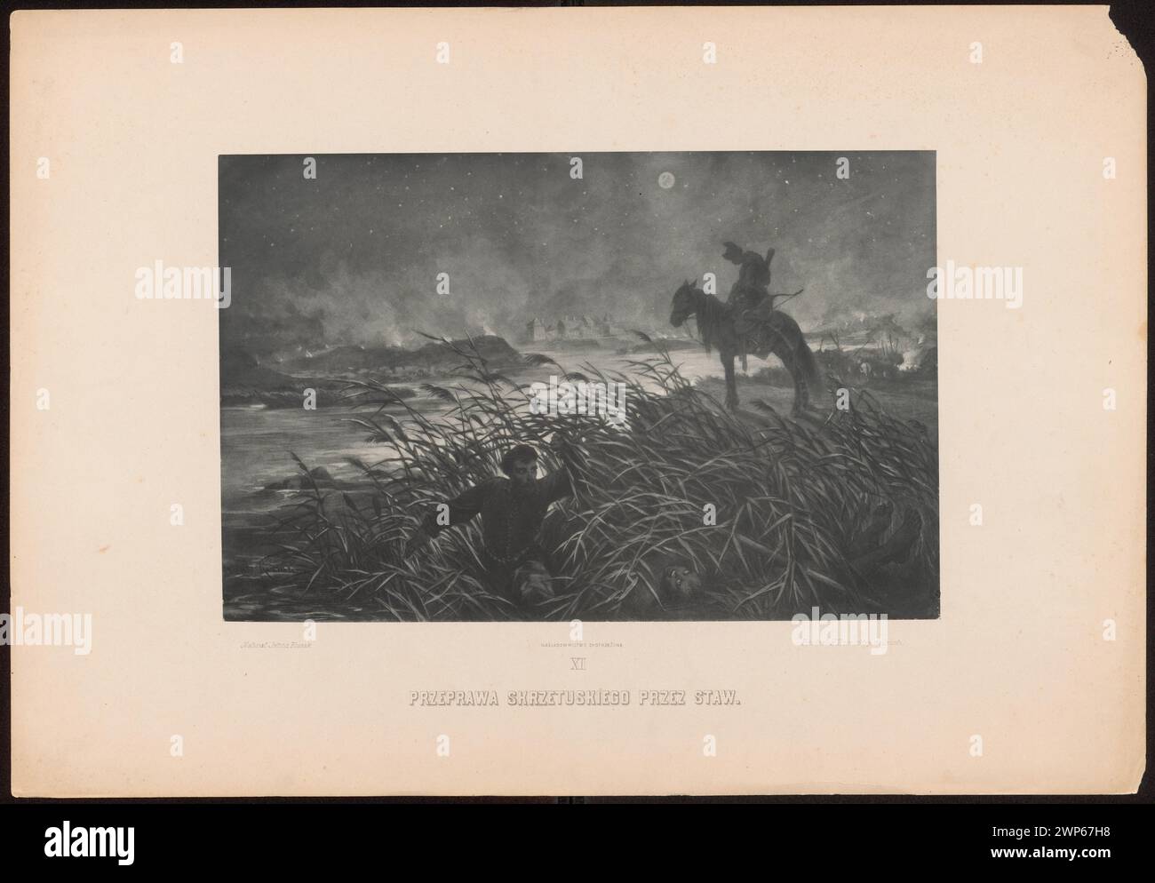 Eine Reproduktion von Juliusz Kossak aus dem Jahr 1886, die Skrzetuski beim Überqueren eines Teichs zeigt, basierend auf Sienkiewicz's „Feuer und Schwert“, die Handlung und die polnische historische Erzählung betont. Stockfoto