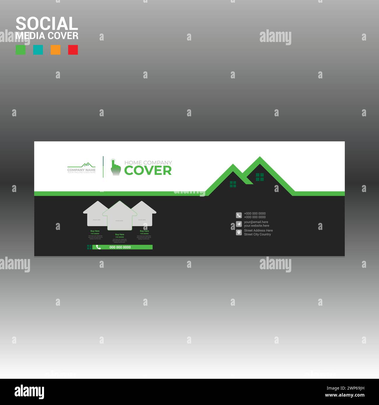 4 farbige Vektoren für Social-Media-Cover-Bannerdesign für Haus- und Bauunternehmen Stock Vektor