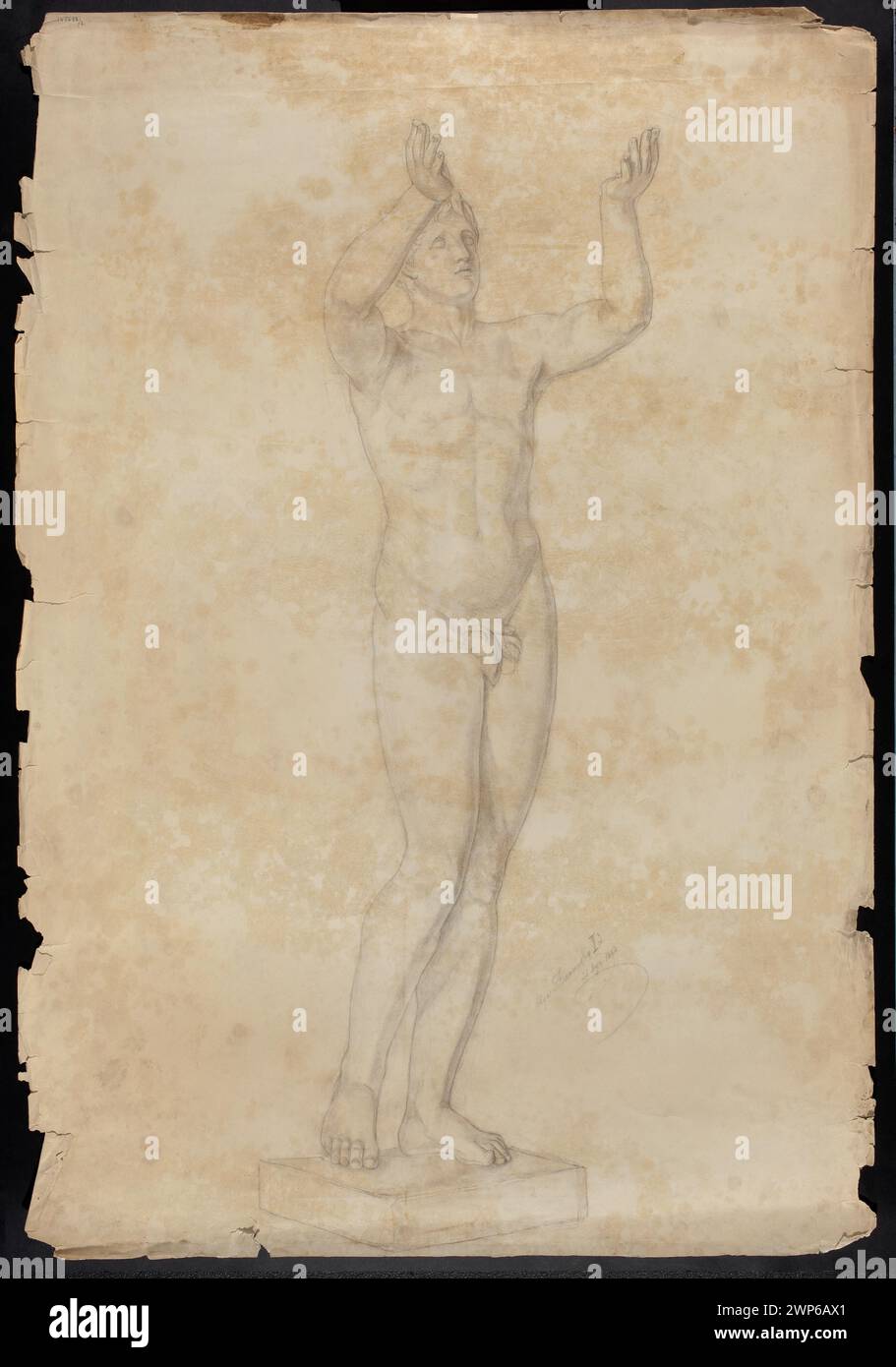 Studie einer männlichen Gebetsfigur nach einer griechischen Skulptur von Lysip, die von Olga Gott 1882 geschaffen wurde. Zeigt klassische männliche Anatomie, Gipsmodellstudien und akademische Zeichnungstechniken. Stockfoto