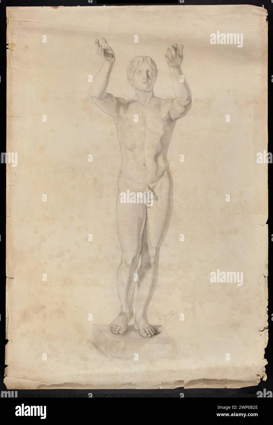 Studie einer männlichen Gebetsfigur nach einer Kopie einer griechischen Skulptur von Lysip, die von Olga Gott im Jahr 1881 geschaffen wurde. Mit klassischer männlicher Anatomie, Gipsstudien und pädagogischen Zeichentechniken. Stockfoto