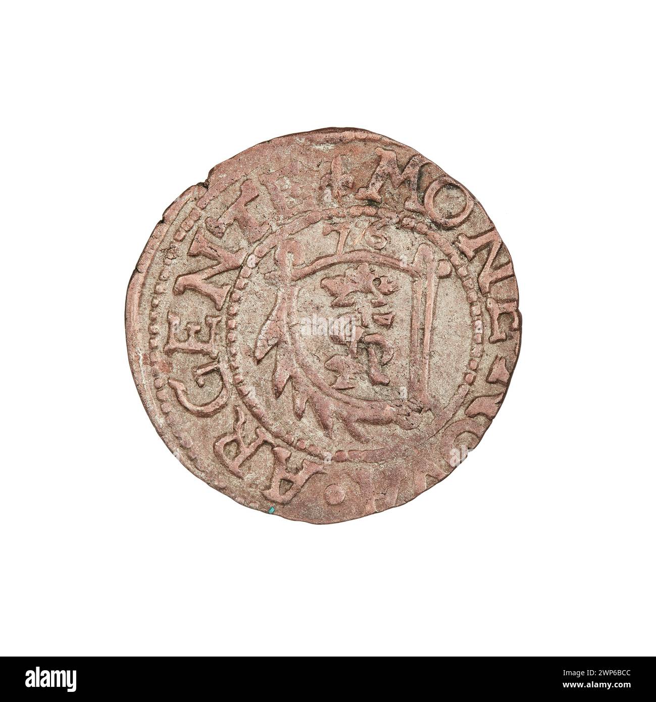 Szelg-Münze, die 1576 von Gotard Kettler für das Herzogtum Kurland und Semigallien ausgegeben wurde, Teil des Währungssystems des 16. Jahrhunderts. Stockfoto