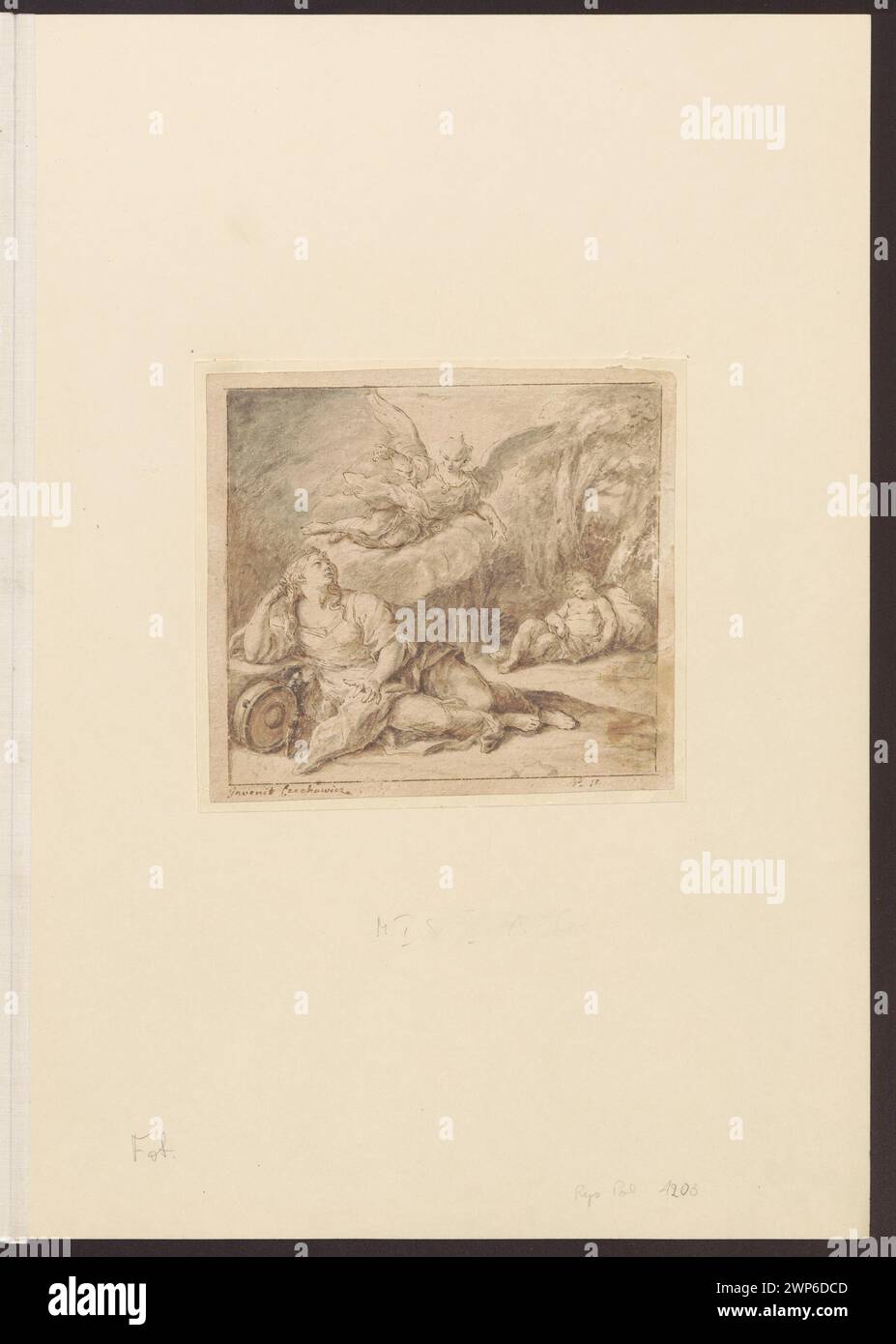 Szymon Czechowicz's Gemälde „Hagar und Ismael in der Wüste“ stellt die biblische Geschichte von Hagar und ihrem Sohn Ismael in der Wildnis dar. Das vor 1730 entstandene Kunstwerk veranschaulicht das Geschick Tschechowicz in der Darstellung dramatischer Narrative mit emotionaler Intensität und barocken Stilelementen. Stockfoto