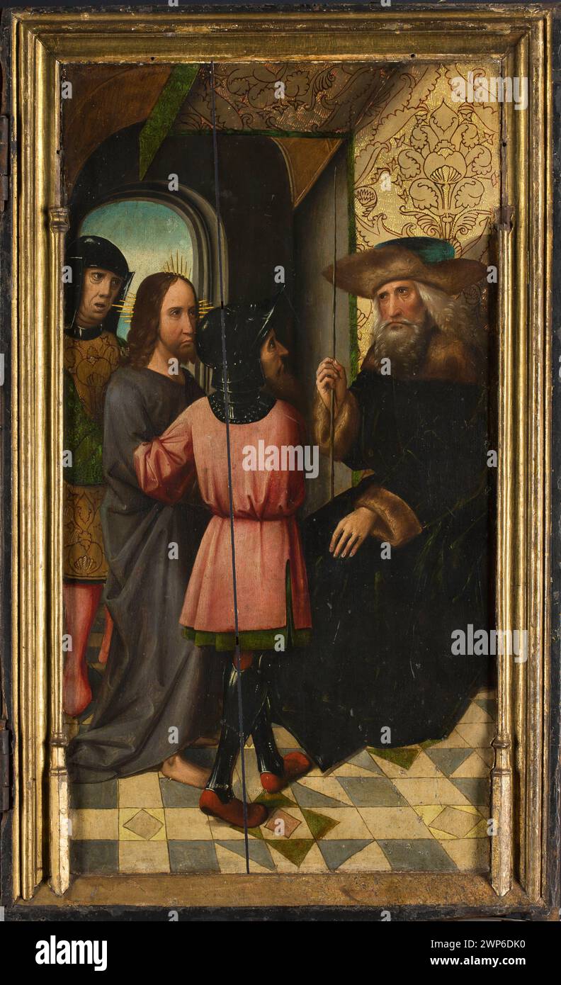 Kreuzigung polyptisch - rechter Flügel - Vorderseite: Christus vor der Säge; umgekehrt: Opfer Isaak; COTER, Colijn DE (1450/1455-1522/1540); ca. 1500 (1490-00-00-1510-00-00); Christus vor Pilatus (iconogr.), Spende Isaak (iconogr.), Pruszcz Gdański (Woiwodschaft Pommern), Hof über Christus (iconogr). Stockfoto