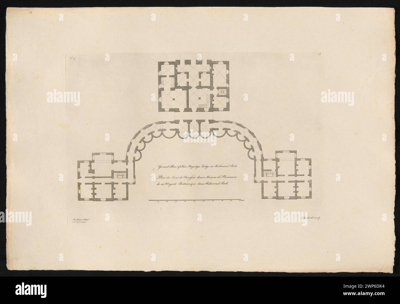Grundriss des Royal Pavilion im Richmond Park, der 1767 von James Gandon, Roger Morris, Stephen Wright und John Woolfe erstellt wurde, zeigt Raumaufteilung und architektonische Details. Stockfoto