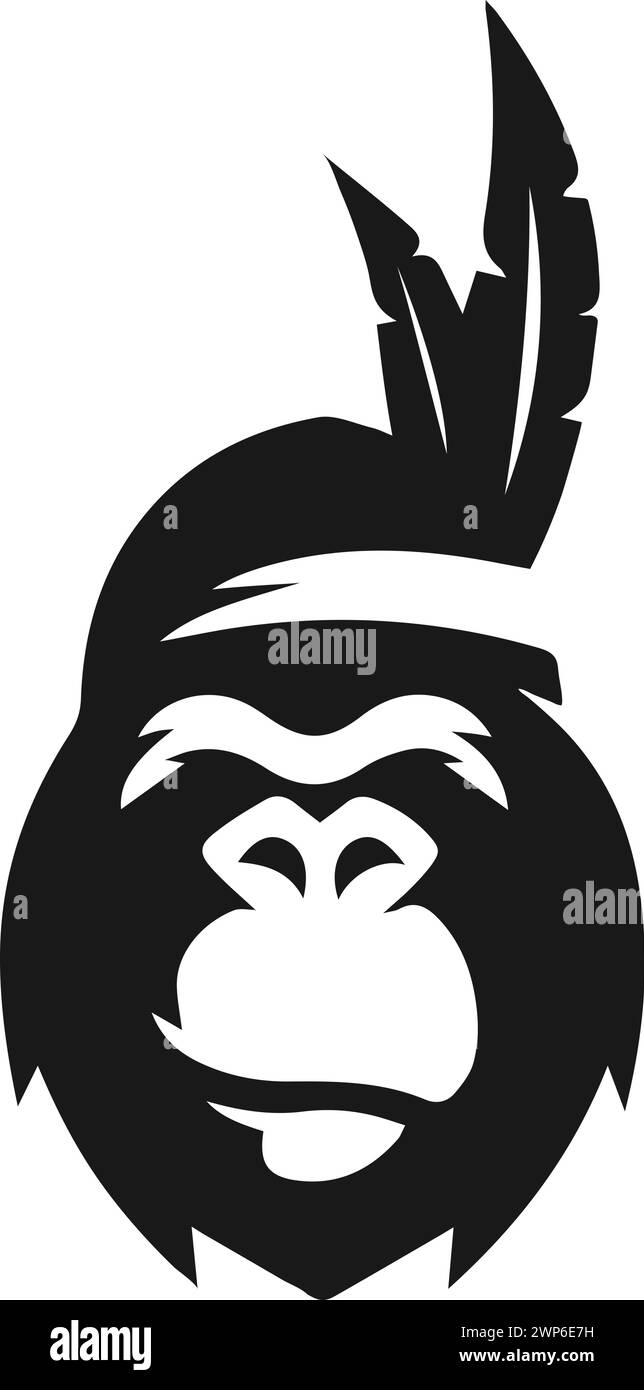 Tribal Gorilla Kopf Maskottchen Vektor Silhouette mit Feder Kopfschmuck isoliert auf weißem Hintergrund Stock Vektor