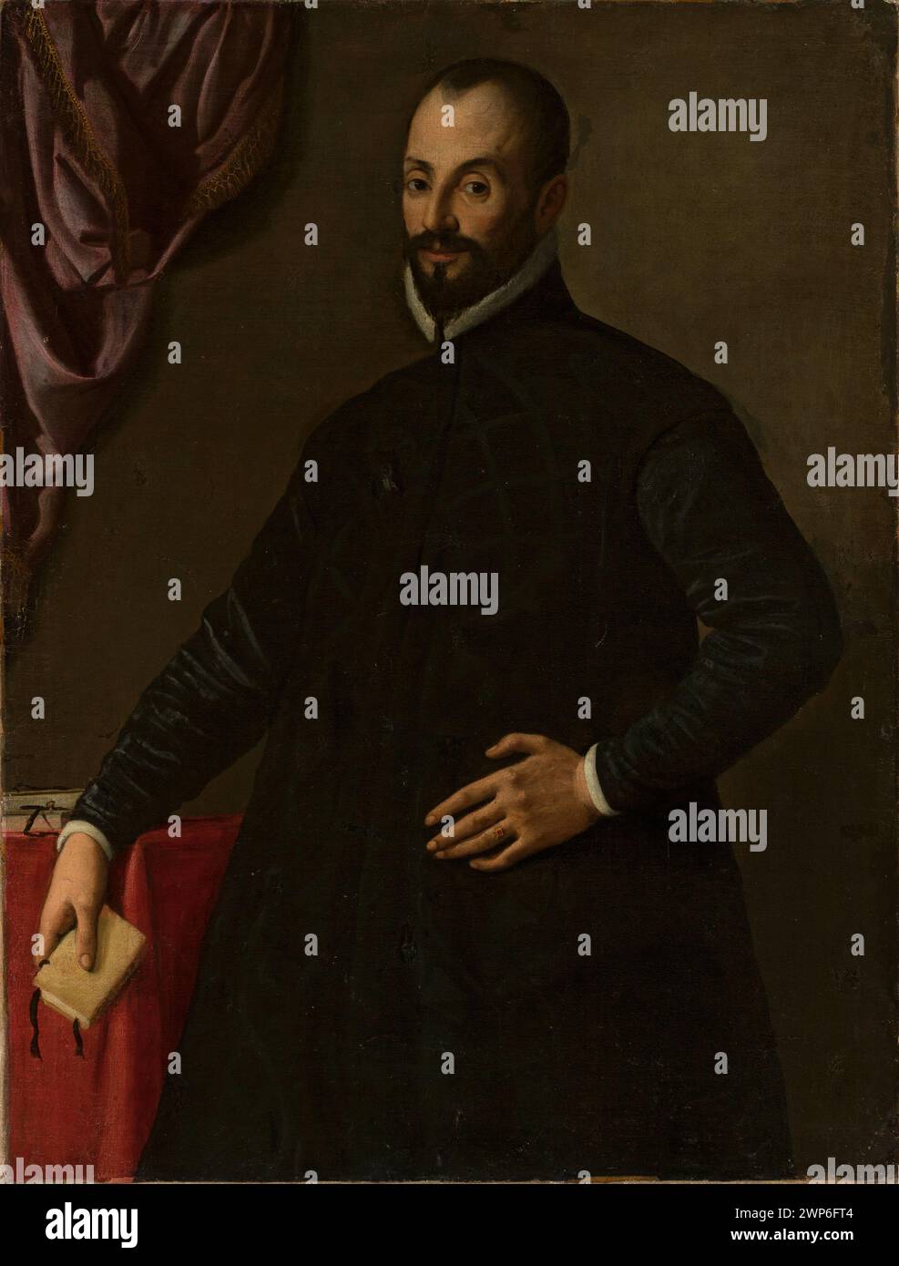 Spanisches Gemälde vom späten 16. Bis frühen 17. Jahrhundert, das M. Czyzna, eine männliche Figur, in einem formalen Porträt darstellt, das typische Kleidungsstück dieser Zeit darstellt. Stockfoto