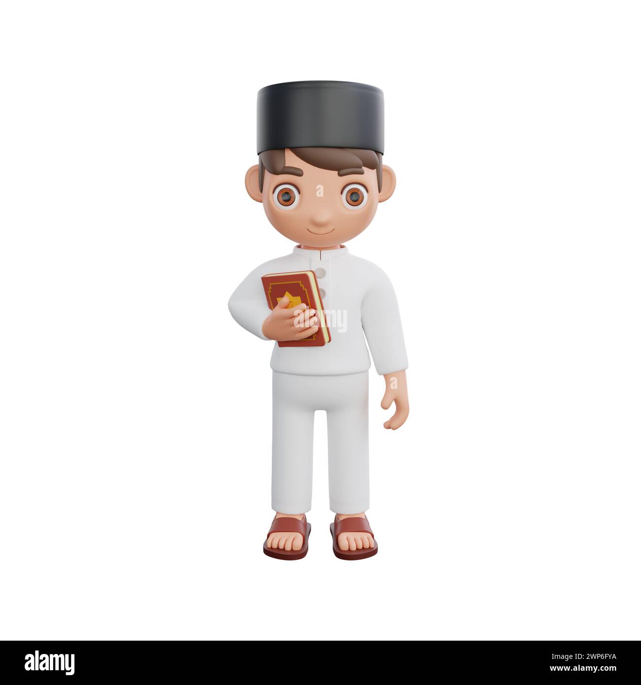 3D-Illustration eines muslimischen Charakters, der fröhlich den Heiligen Koran hält, perfekt für Ramadan kareem-Themenprojekte Stockfoto
