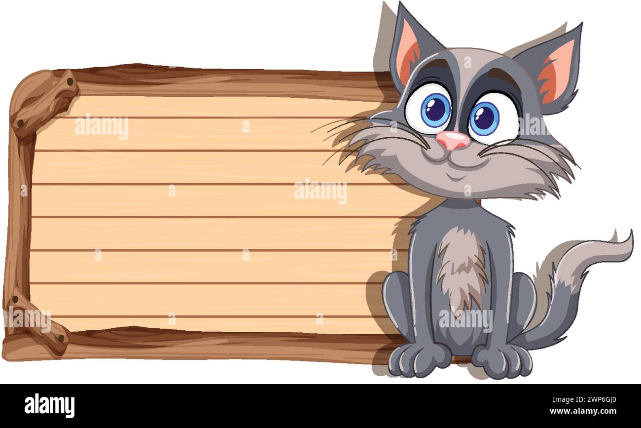 Entzückende Karikaturkatze, die neben einem Schild sitzt. Stock Vektor