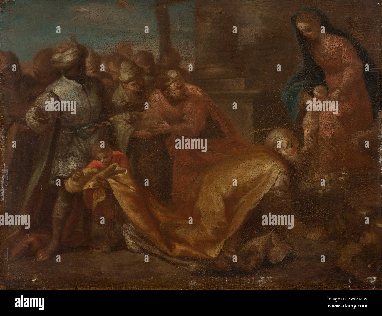 Französisches Gemälde der Anbetung der drei Könige aus dem 17. Jahrhundert, das Jesuskind, Maria und die Könige darstellt und eine biblische Szene darstellt. Stockfoto